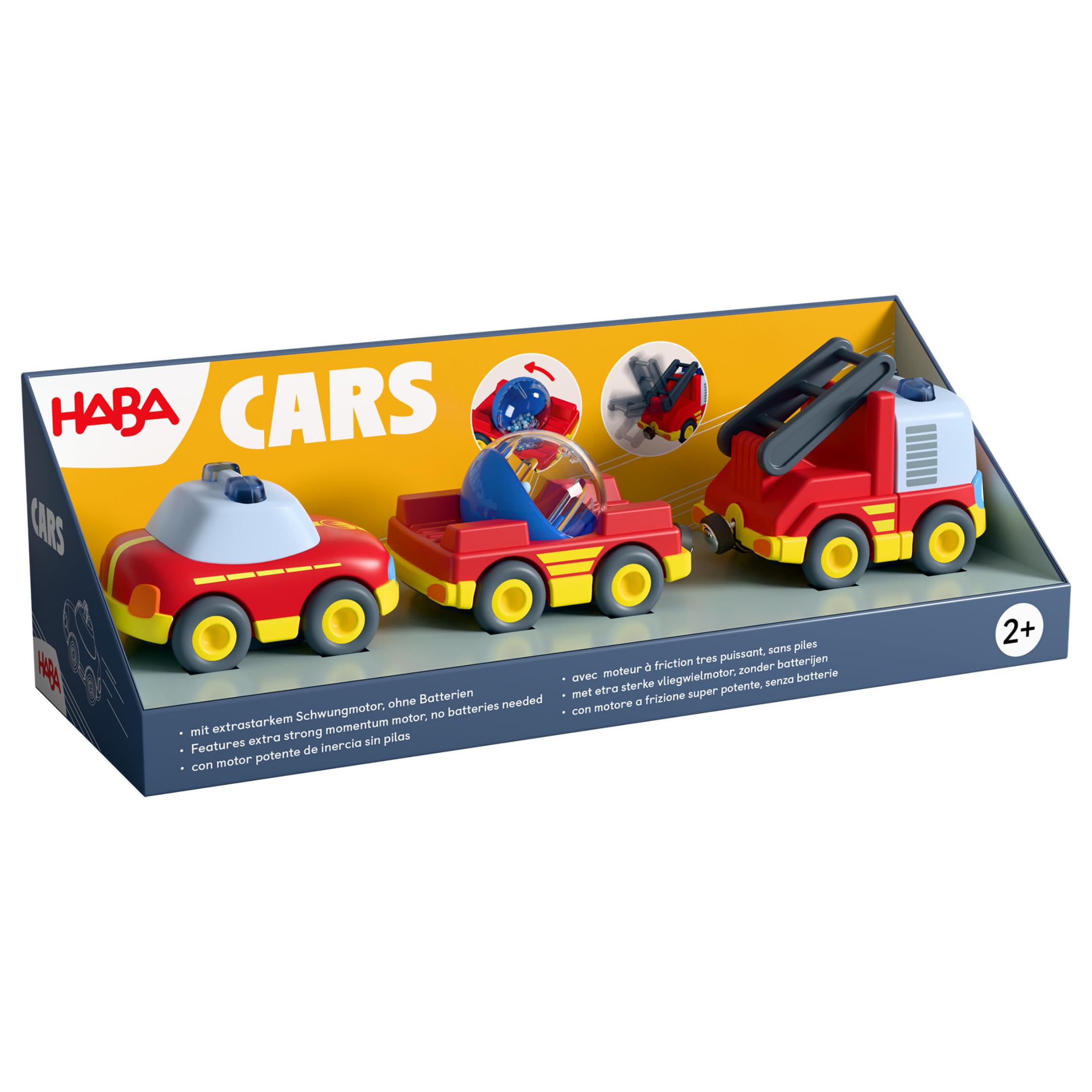 HABA Cars Feuerwehr-Spielset: 3 Spielzeugautos mit Schwungmotor ab 2 Jahren | Feuerwehr-Spielzeug aus Recycling-Kunststoff mit Leiter, ohne Batterien für die Rennstrecke im Kinderzimmer