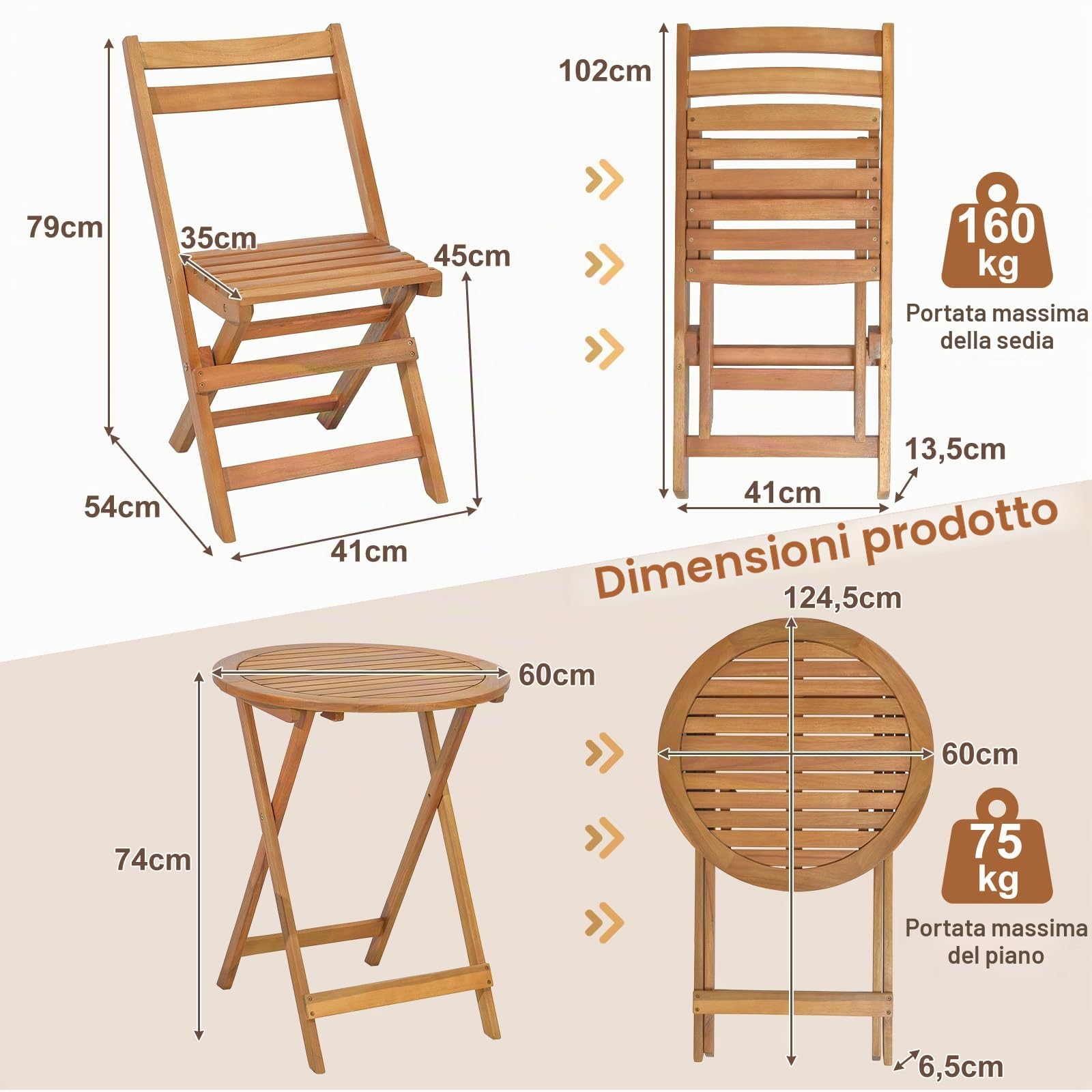 KOMFOTTEU Set da Bistrò Pieghevole in Legno, Tavolo 40kg Sedie 160kg | Set da 3 Pezzi in Legno di Acacia per Terrazza, Giardino, Balcone, Tavolo e Sedie, Naturale