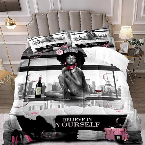 LUVIVIHOME Juego de edredón de 3 piezas para niñas negras afroamericanas, juego de edredón tamaño King, bolsa de tacones altos, citas inspiradoras