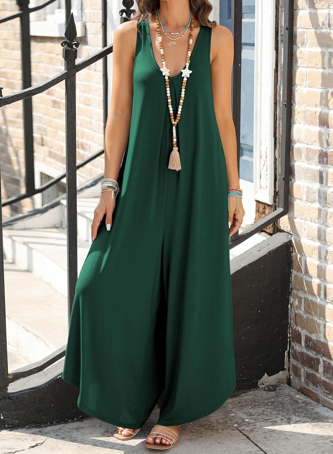 Happy Sailed Women's Jumpsuits Loose Overalls Summer Sleeveless Ruched V Neck Flared Wide Leg Pants Rompers with Pockets - Image 5