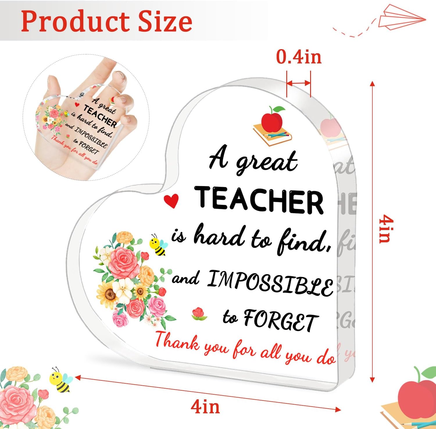 Teacher Valentine Gift, Valentines Day Gifts for Teachers, Teacher Appreciation Gifts - Acrylic Heart Shape Plaque 4×4 in, End of Year Teacher Gifts, Teacher Retirement Gifts for Women Men - Image 5