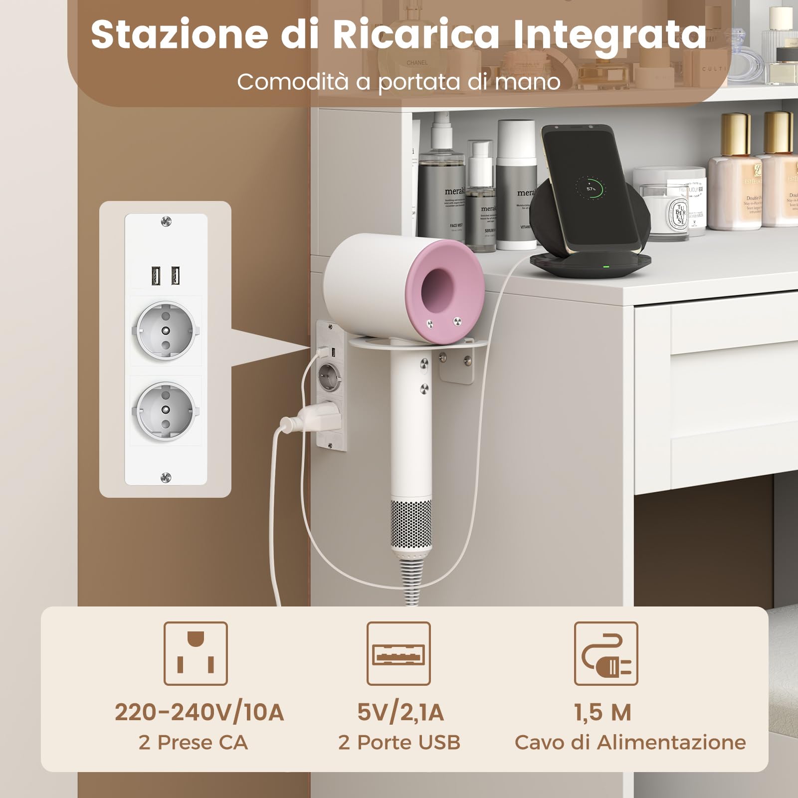 COSTWAY Set Toeletta da Trucco con Luci, Stazione di Ricarica