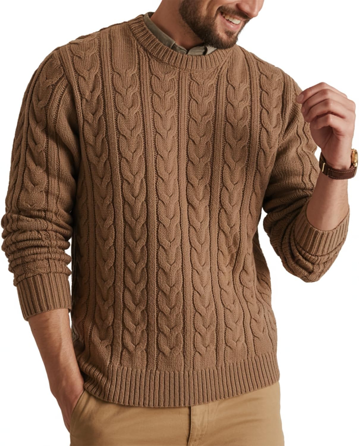 Men's Cable Knit Crewneck Sweater Classic Pullover Knitwear Long Sleeve Casual Winter Fall Knitted Jumper Soft Thick Acrylic Ribbed Hem Warm Gift for Boyfriend Husband Gifts for Men Christmas