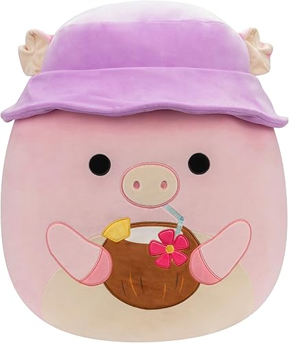 Squishmallows Peter Pig original de 20 pulgadas con sombrero de cubo morado y bebida de coco, peluche oficial de Jazwares Jumbo