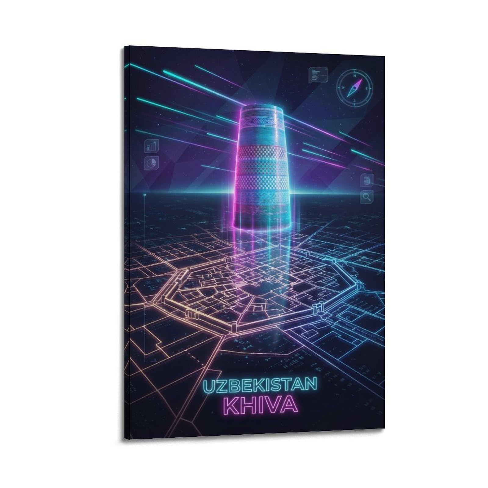XKUGA Uzbekistan Kalta Minor Neon City Synthwave Map Poster Modern Decorative Canvas Prints - Ideal Wall Art for Family, Man Cave, Game Room, Boys & Girls Bedroom 24x36inch(60x90cm)