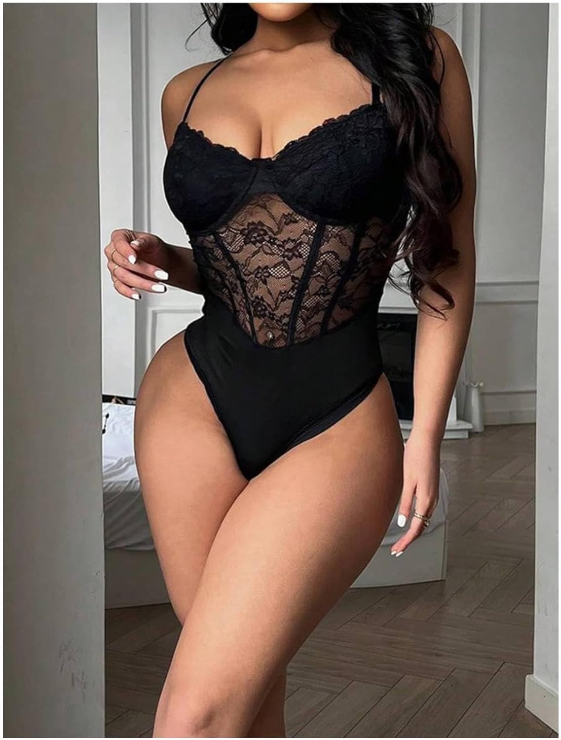 Milumia Women's Floral Lace Mesh Corset Bodysuit V Neck Spaghetti Strap Cami Top - Image 4