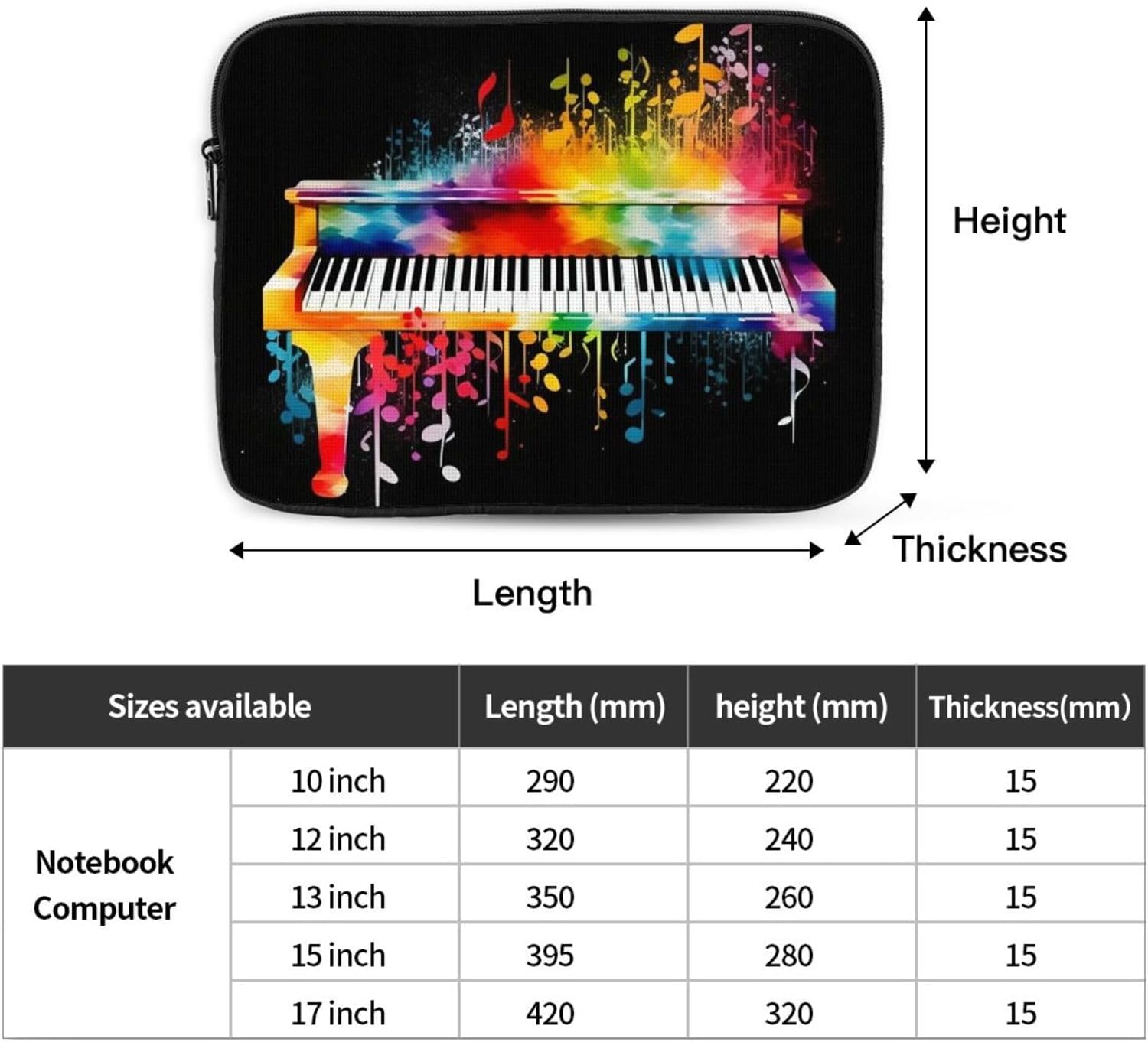 Laptop Case Sleeve Colorful Piano Keyboard Music Note Laptop Bag Computer Carrying Case 10 Inch Notebook Cover image 2