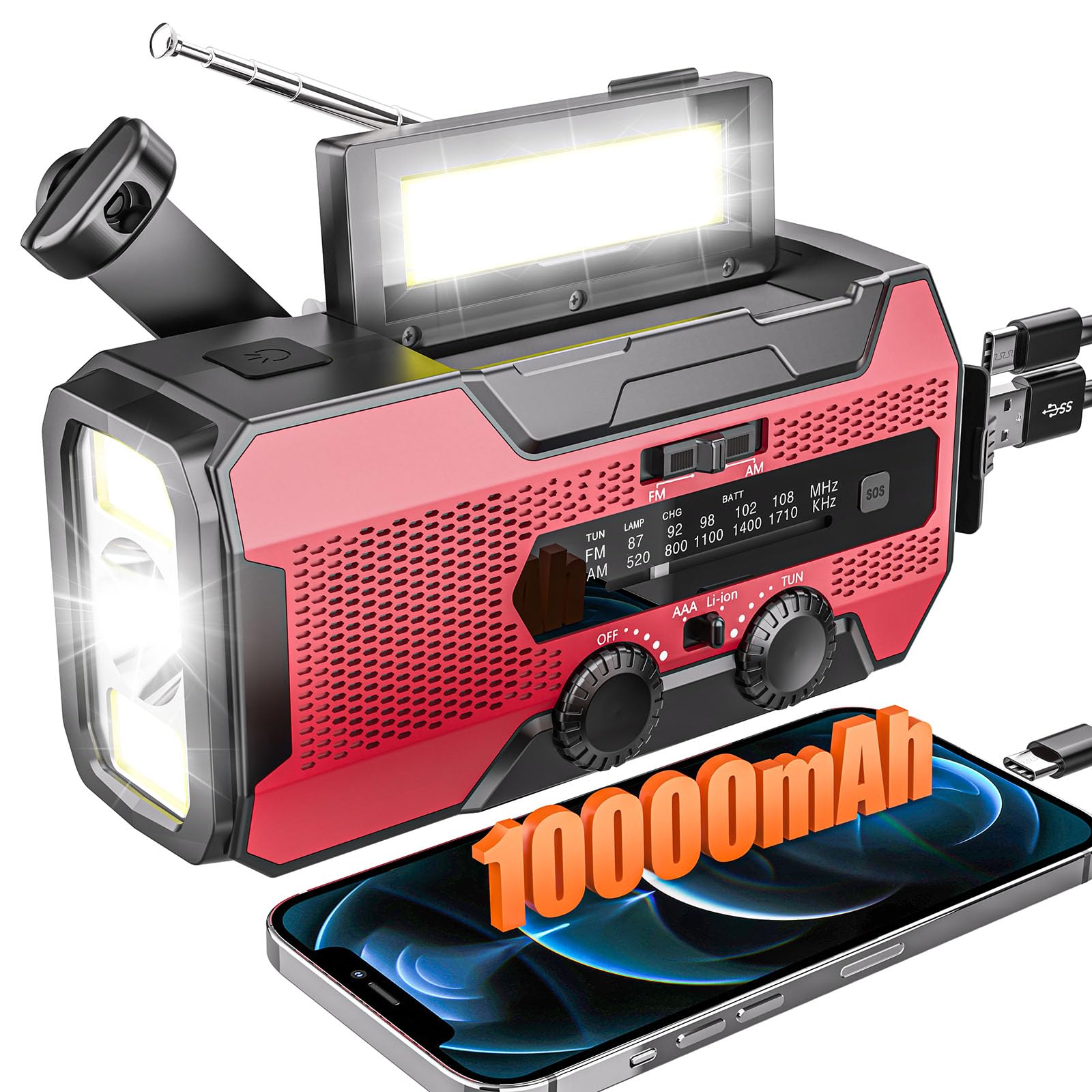 SOLARBABY Radio a Manovella 10000mAh, Radio Solare Portatile con Torcia, Luce di Lettura, AM/FM Radio di Emergenza Solare con Allarme SOS, USB per Emergenze Blackout Campeggio, Rosso