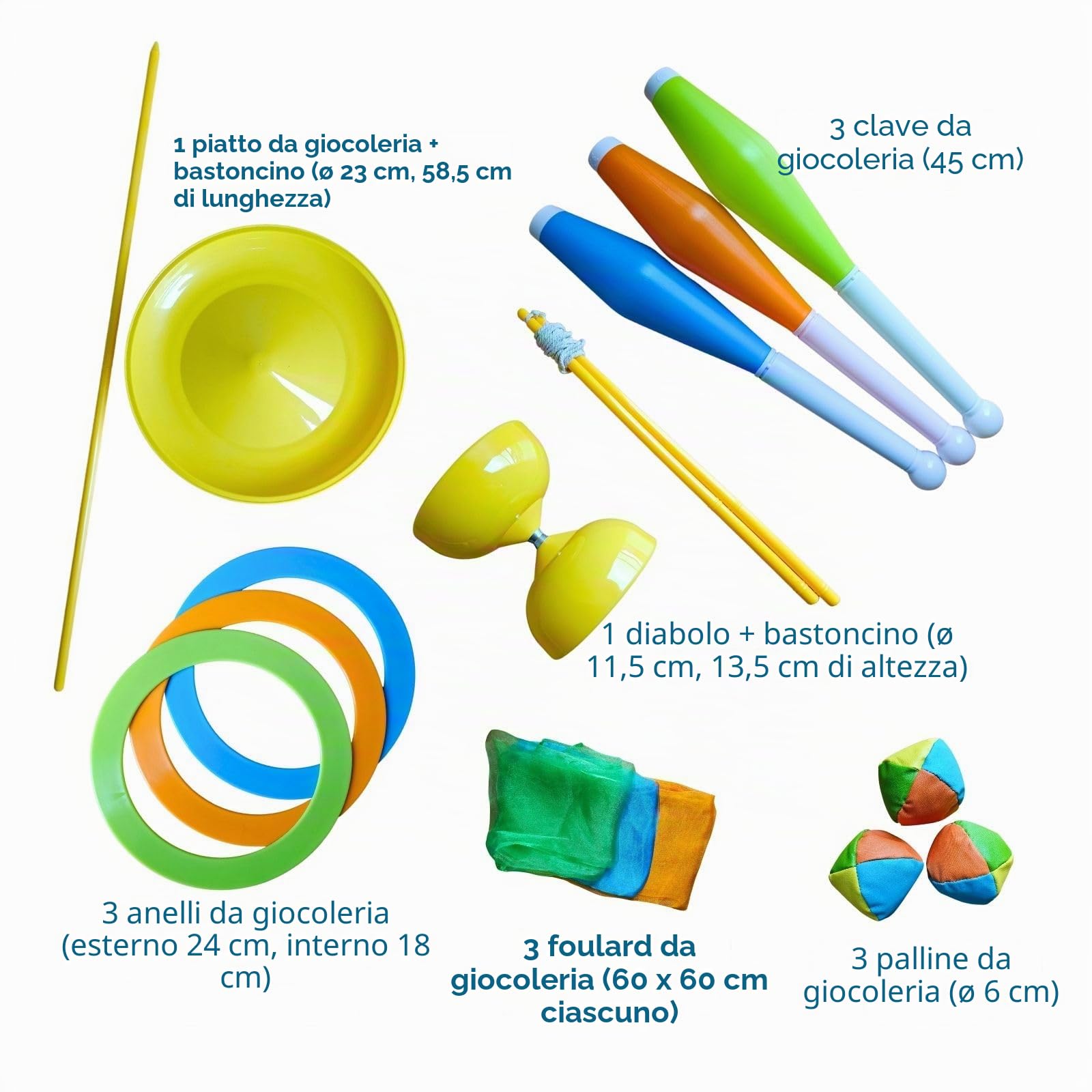 alldoro 60130 Set da giocoleria in uno zaino - 16 pezzi - gioco di destrezza con diabolo per bambini dai 3 anni e principianti