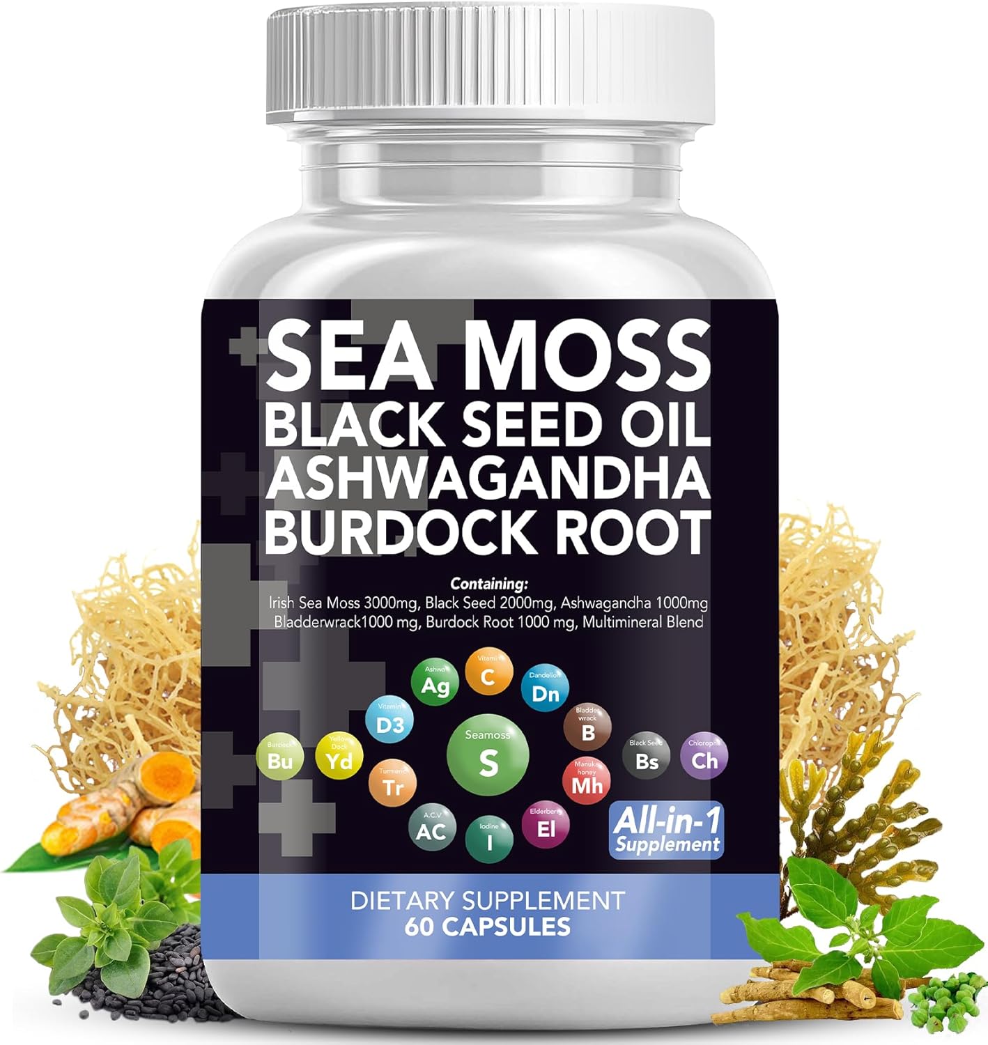 VEV Sea Moss 3000mg, Black Seed Oil, Irish Sea Moss Capsules Pills, Dietary Supplements, Multi Minerals, Turmeric, Burdock Root, Vitamin D3-60Pills (Packaging May Vary)