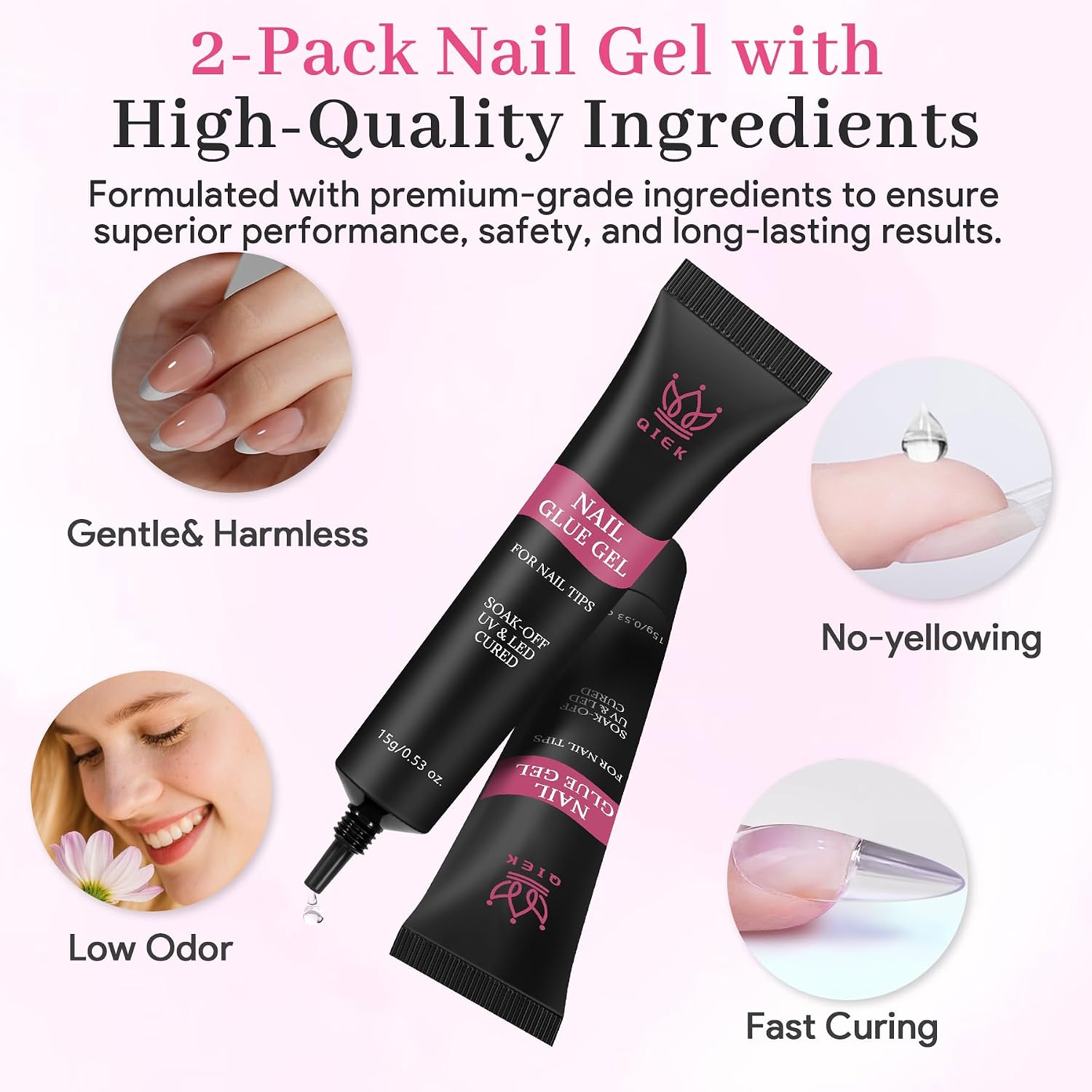 Nail Tips Gel Glue 2Pcs*15g - Lamp Curing Solid Nail Glue for False Acrylic Nails, Crystal Clear Long Lasting 28 Days No Yellowing Salon Quality DIY Home Manicure Beginner-Friendly