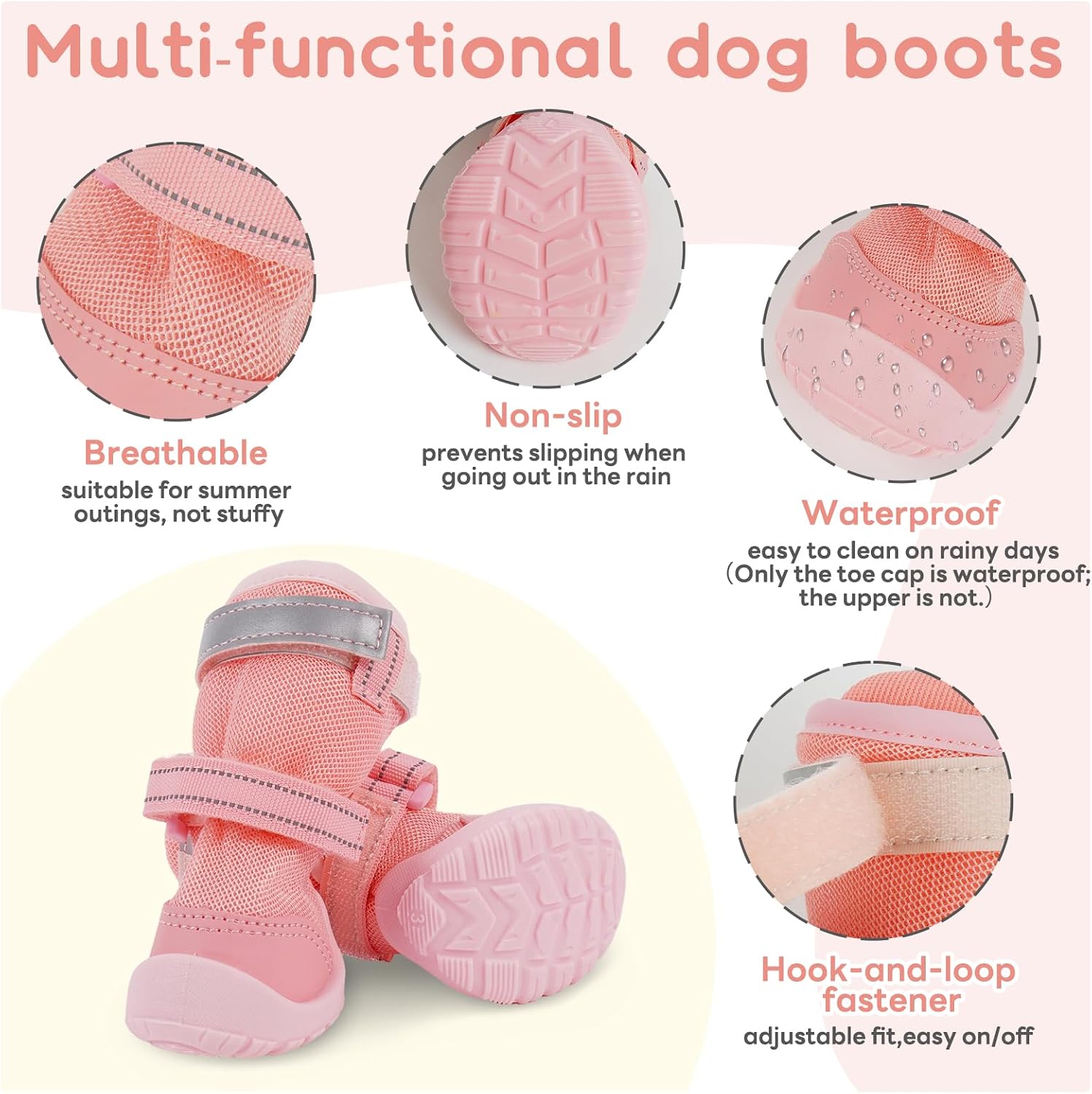 Allroaring 4pcs Dog Shoes for Hot Pavement, Breathable Mesh Summer Dog Booties &Paws Protector Anti Slip Dogs Boots for Hiking Running Pet Shoe to Prevent Scratching for Hardwood Outside Pink 2#