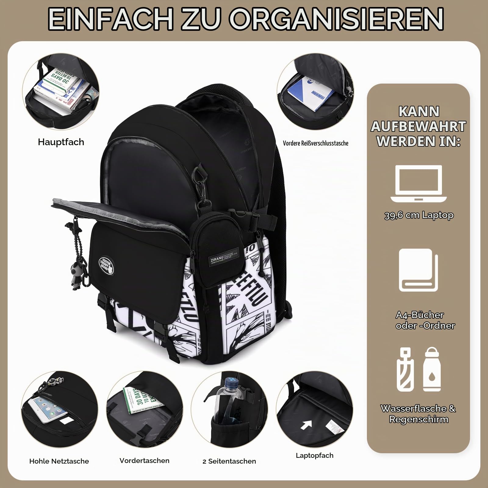 Amythe Schulrucksack Jungen Teen 8-15 Jahre Modern Robust, Weiß Buchstaben | Wasserdicht Reflektierend Leicht Ergonomisch Weiß Buchstaben Daypack Multitasche Geräumig für Schule Reisen Wandern