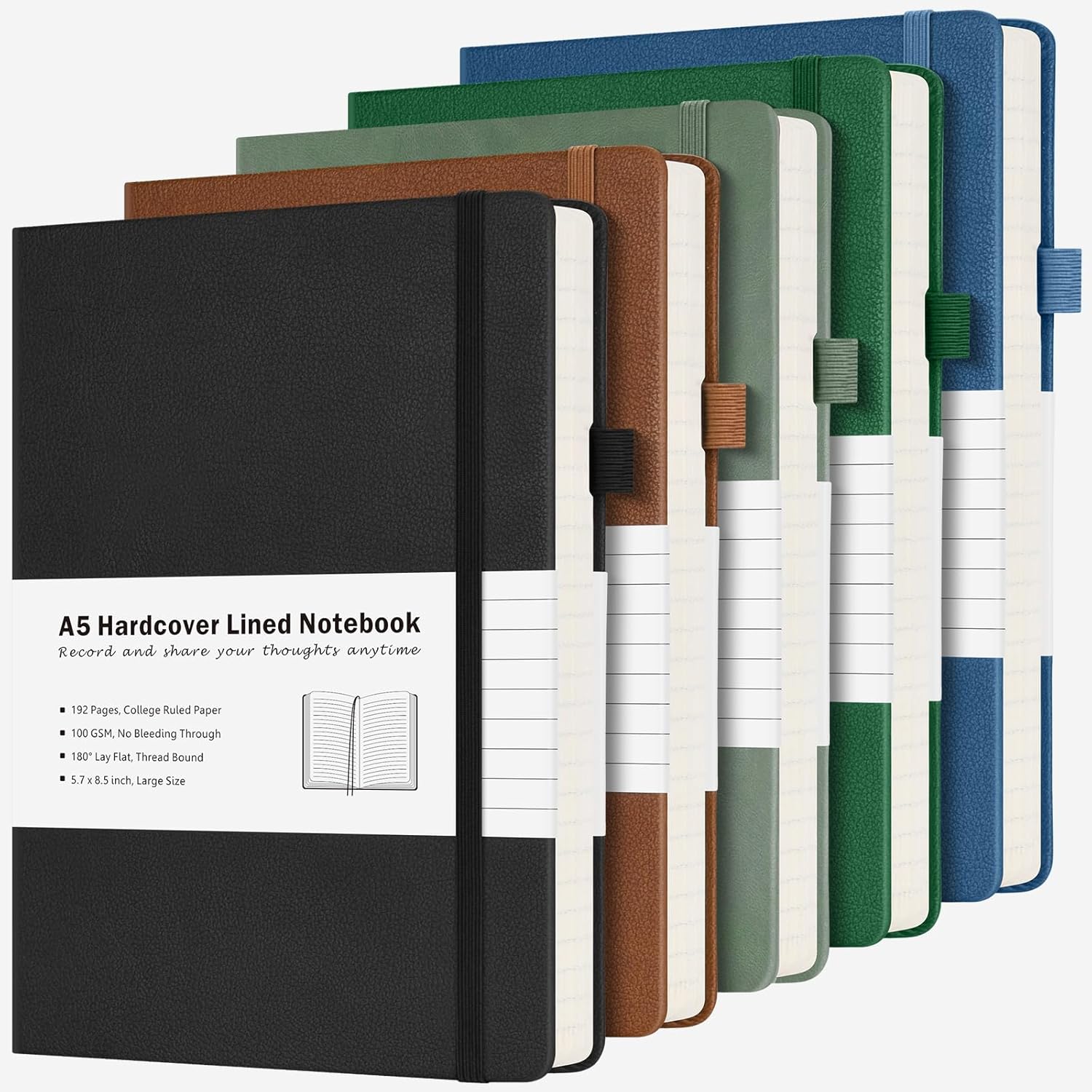 College Ruled Notebook, 5 Pack A5 Hardcover Leather Notebook for Work, Lined Notebook Journal for Women, Men, 100GSM Thick Paper, Large Notebook with Pockets, Professional Business Notebook, 5.7"x8.5"