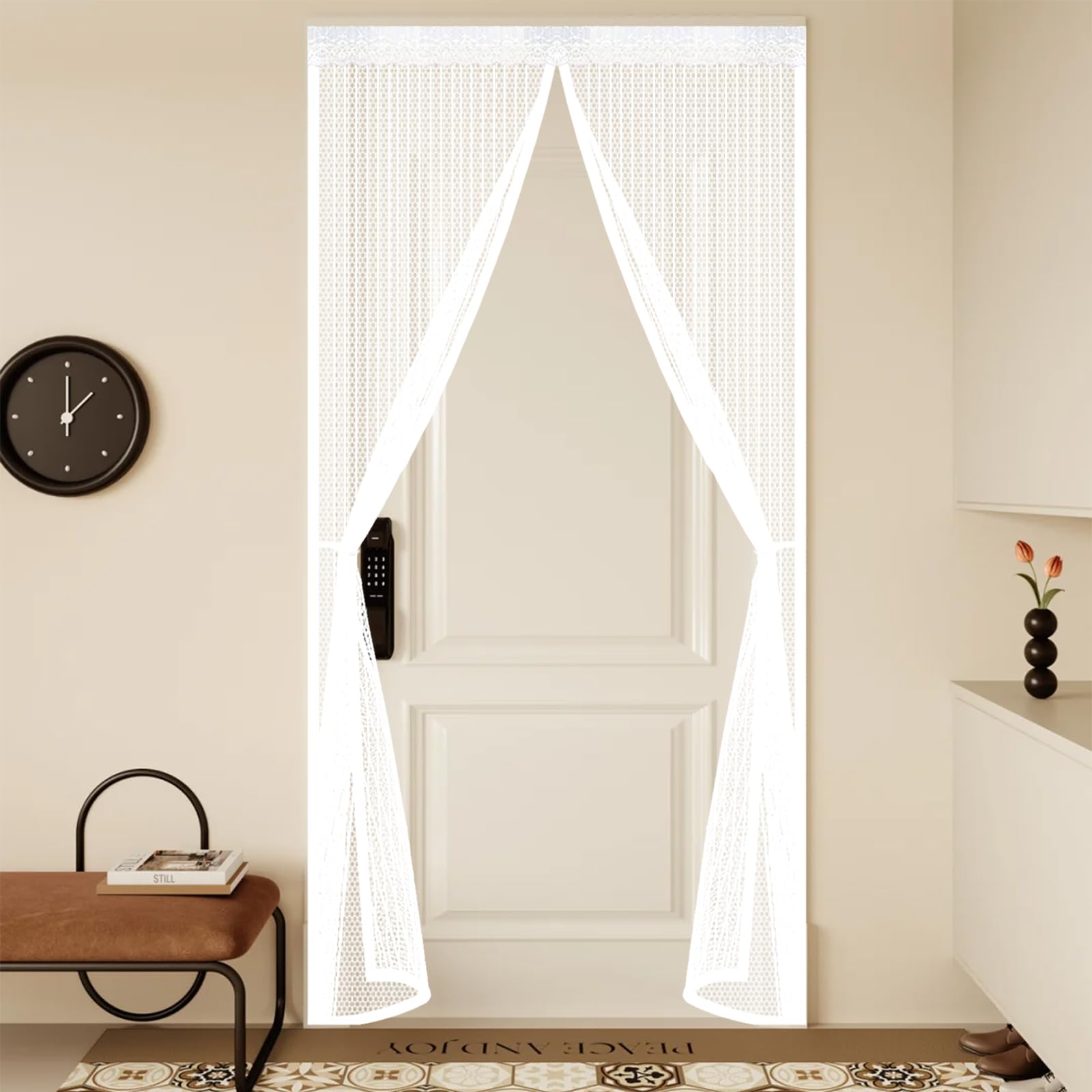 Mesh Curtain 200 x 195 cm Keep Bugs Out, Full Frame Magic Tape, Powerful Magnets, Self Sealing, No Drill Installation, Fly Door Screen Mesh for Patio Exterior Indoor Doors, White