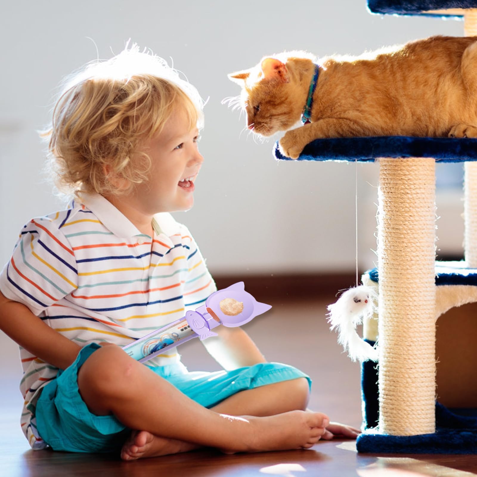 Voederlepel voor huisdieren, knijpbare lepel voor kattensnacks met strepen voor katten, traktatielepel voor katten met kattenvoerdispenser met lange handgreep