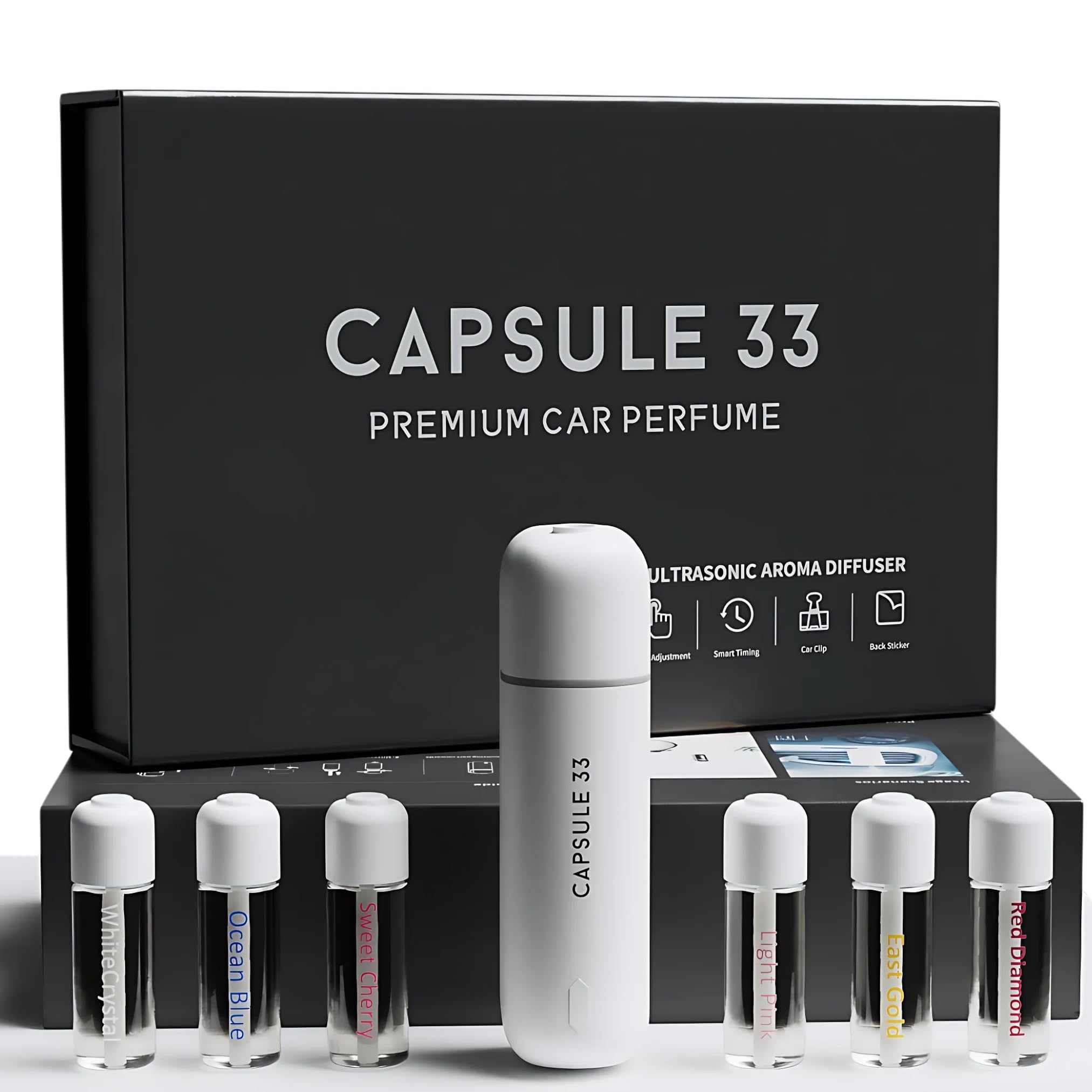 Paquete de iniciación de perfume para coche, ambientador de coche, difusor de aroma ultrasónico, 6 fragancias (cristal blanco, diamante rojo, oro oriental, azul océano, cereza dulce, rosa