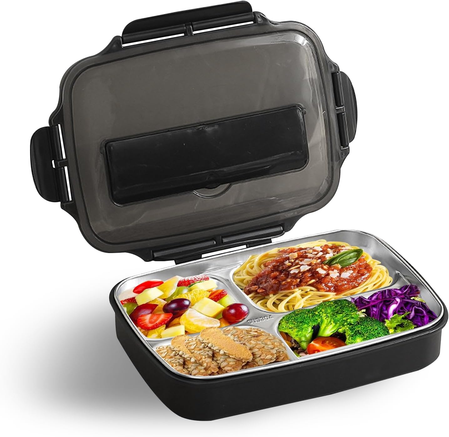 DAYONG Bento Box, 1L Lunch Box with 4 Compartments,Stainless Steel Leakproof Food Container For Office School Traveling Camping Kids Or Adults On the Go Meal (Black)