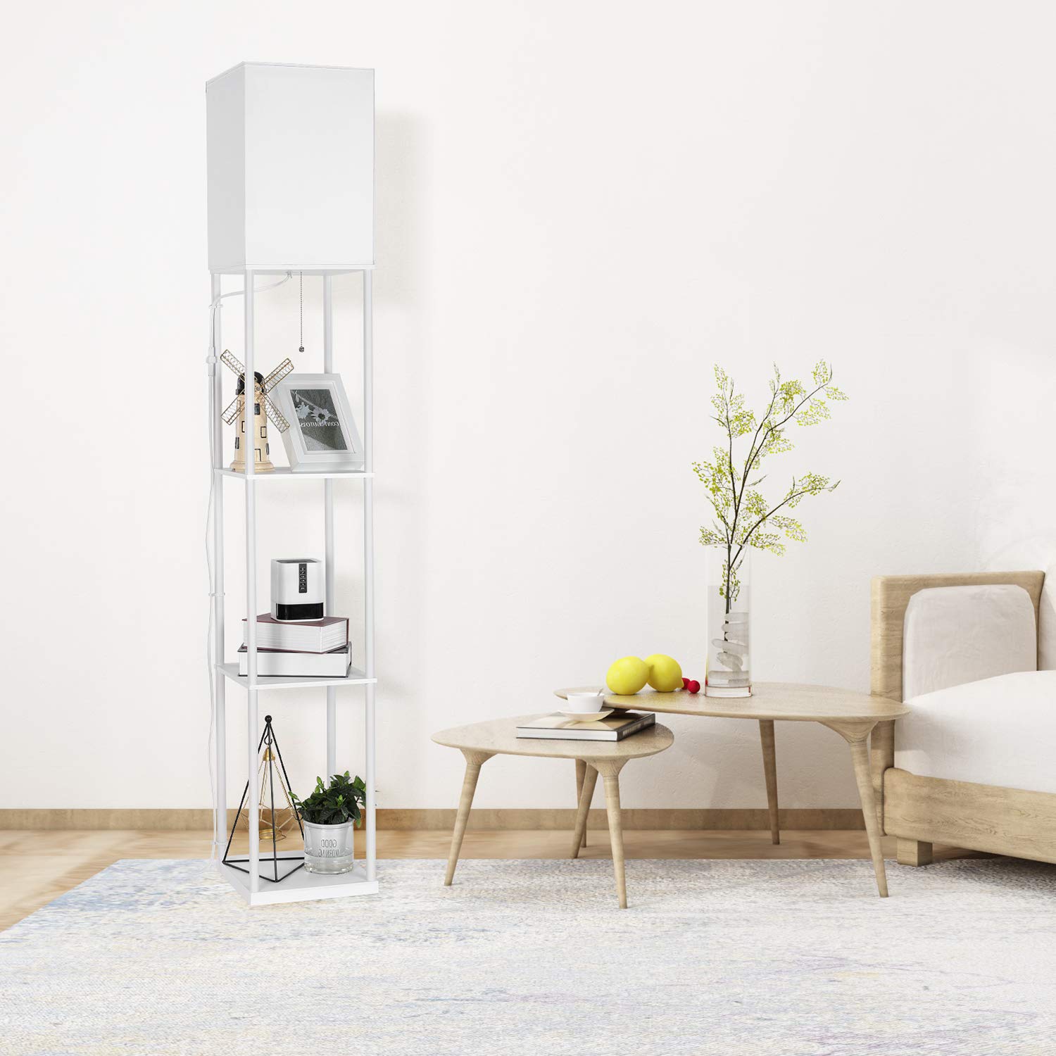 BBHome Moderna lampada a stelo con ripiani in legno, 3 temperature di colore, dimmerabile, lampada a LED per soggiorno, camera da letto, lampadina da 9 W inclusa (bianco)
