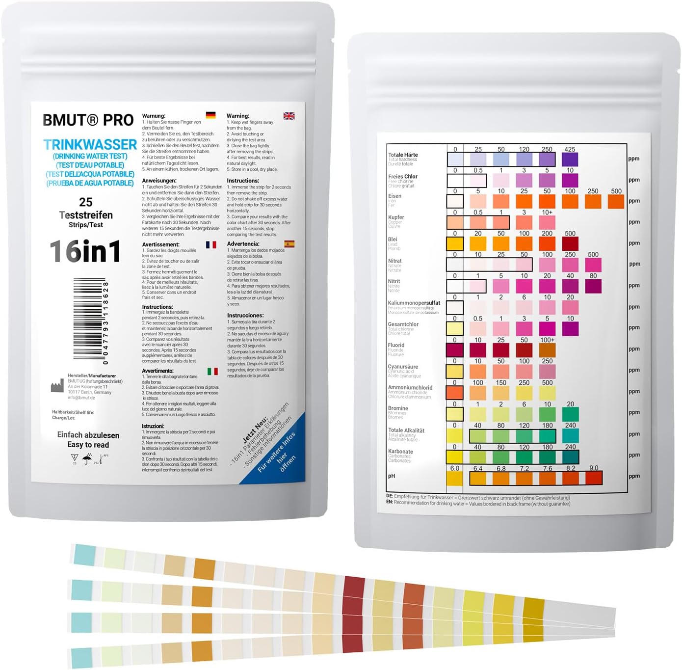 25 x 16-in-1 Drinking Water Test Strips - Tap Water Quality Analysis for Total Hardness, Lead, Copper, Nitrate