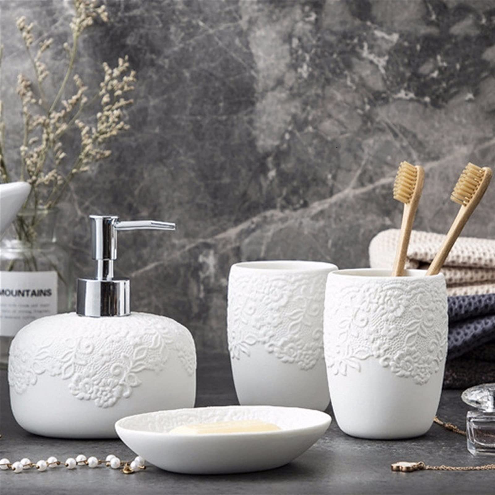 Zestaw dozowników mydła – nowoczesny 4-częściowy biały ceramiczny akcesoria łazienkowe i kuchenne do mydła, balsamu i detergentu do naczyń