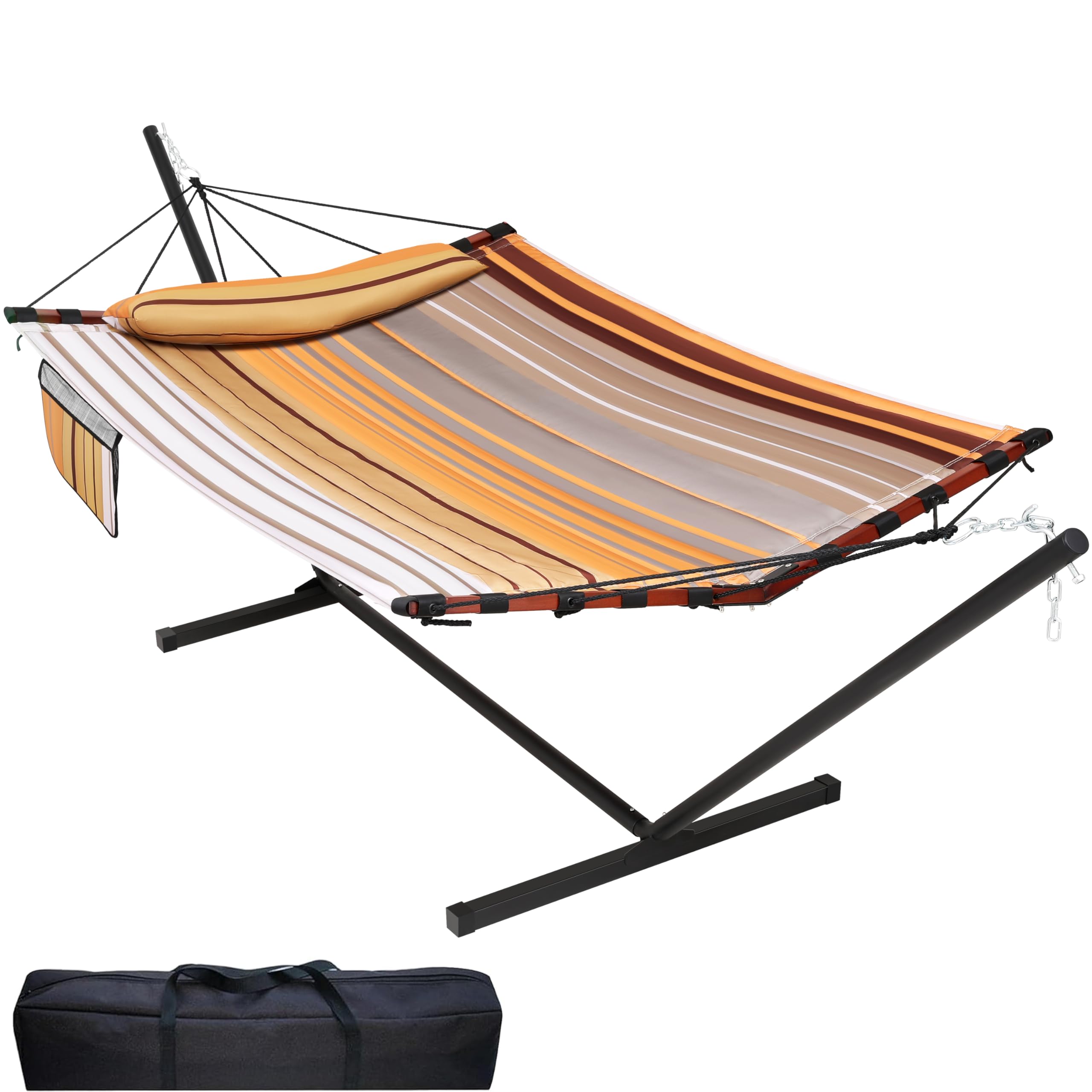 12FT 2 Person Hammock with Stand Included 55 x 79IN Large Hammock 450LB Capacity with V Shaped Hardwood Spreader Bar & Nylon Rope for Outside, Patio, Garden, Backyard - Fall Yellow Stripes