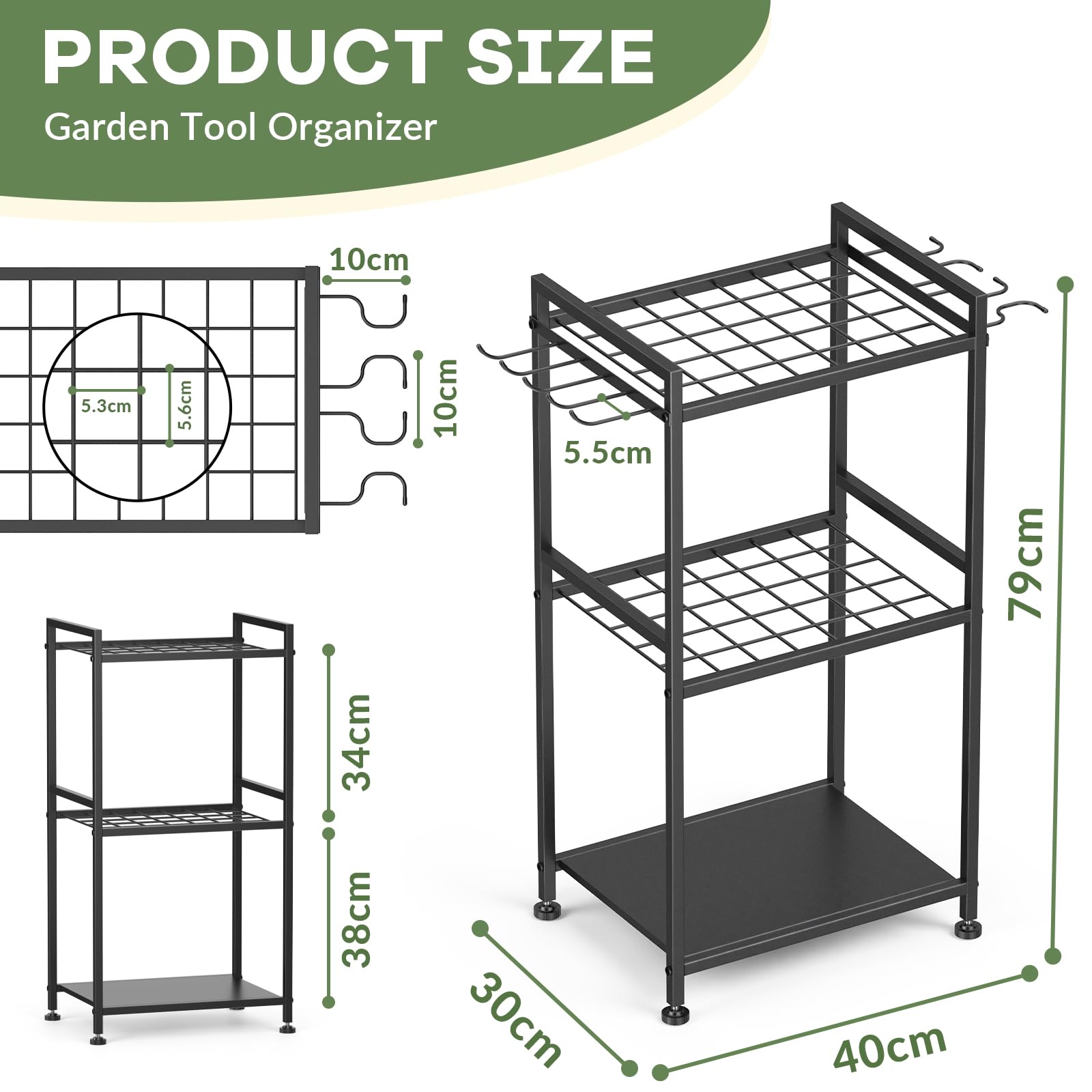 WELDUN Organizer da giardino per garage, supporto per 40 attrezzi a manico lungo, gestione del garage con ganci per capannone, scopa, rastrello, pala, tubo da giardino
