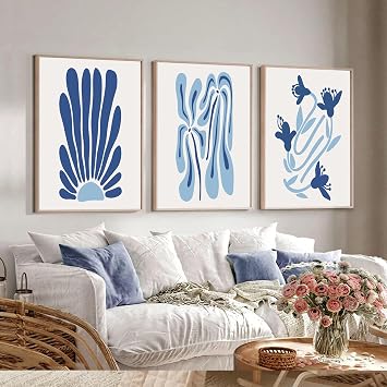 YFvrPt Blue Matisse Flower Poster Set of 3 Boho Henri Matisse Light Blue Canvas Wall Art Abstract Light Floral Room Decor Prints Picture Artwork for Bedroom Living Room Dorm Unframed 12x16 Inch