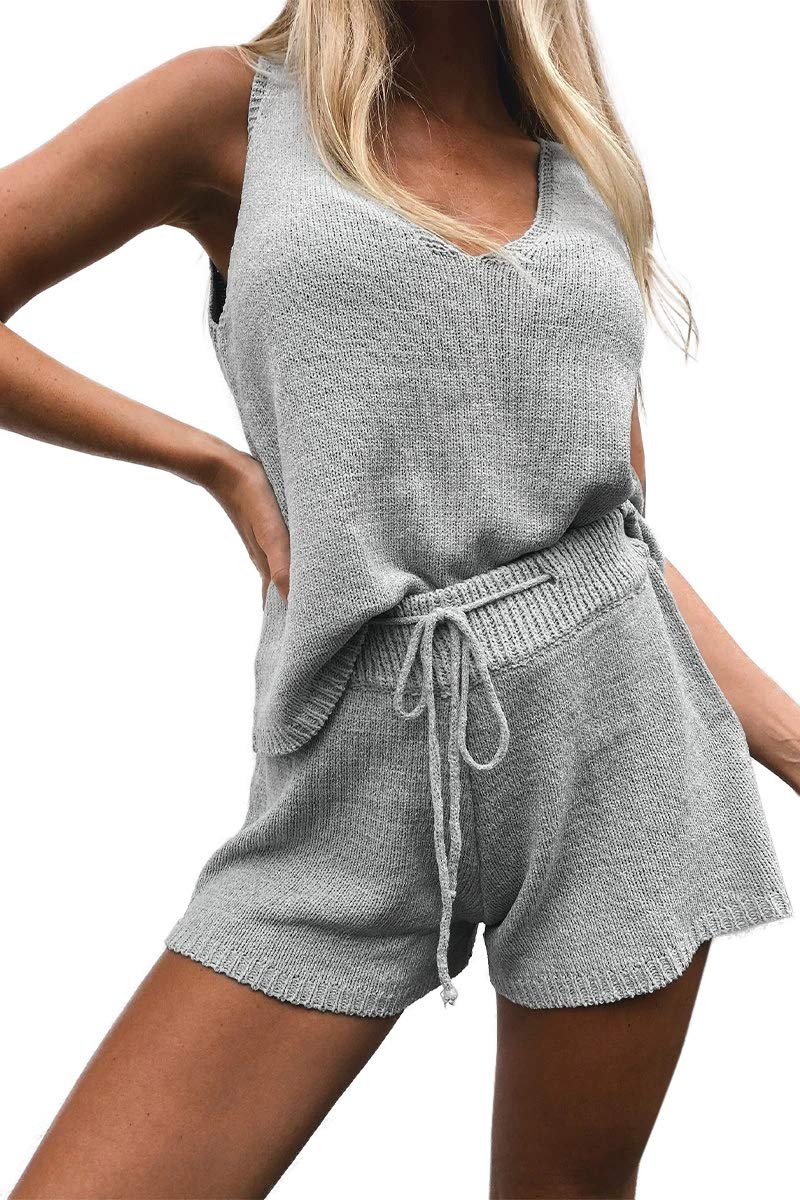 Women's Two Piece Outfits Backless Tank Tops and Drawstring Shorts Summer Knit Sets Sleeveless Rompers