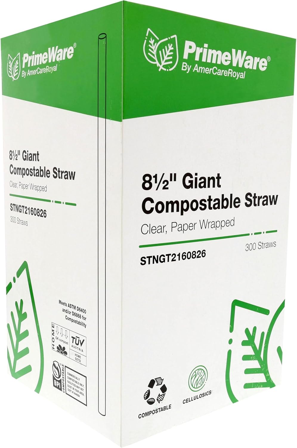 Case of 7200 Clear Plant-Based Straws 8.5" Long Cellulosic Clear Giant Compostable Straws, Ideal Eco Friendly Drinking Straws, Individually Wrapped in Paper