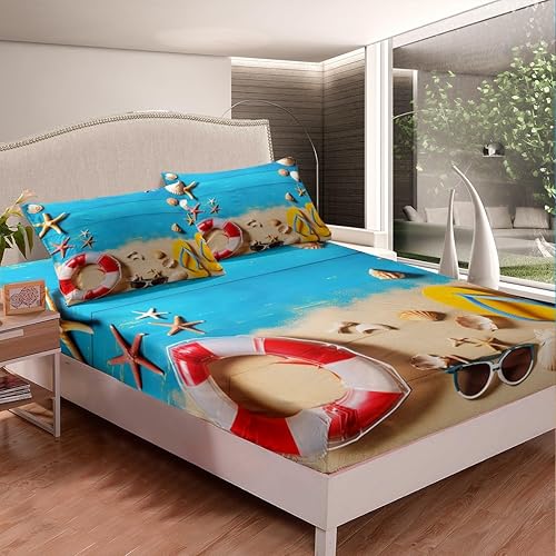 Miniatura 3 de Juego de sábanas con temática de playa, tamaño King, sábanas costeras de Hawái para niños, adolescentes y adultos, juego de sábanas estampadas con