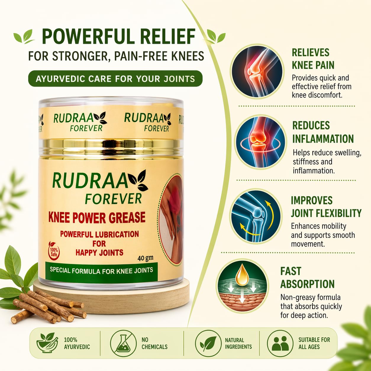 Rudraa Forever Knee Power Grease 40 g | Joint Massage Cream for Knee Care | Powerful Lubrication for Happy Joints | Special Formula for Knee Pain Relief 2