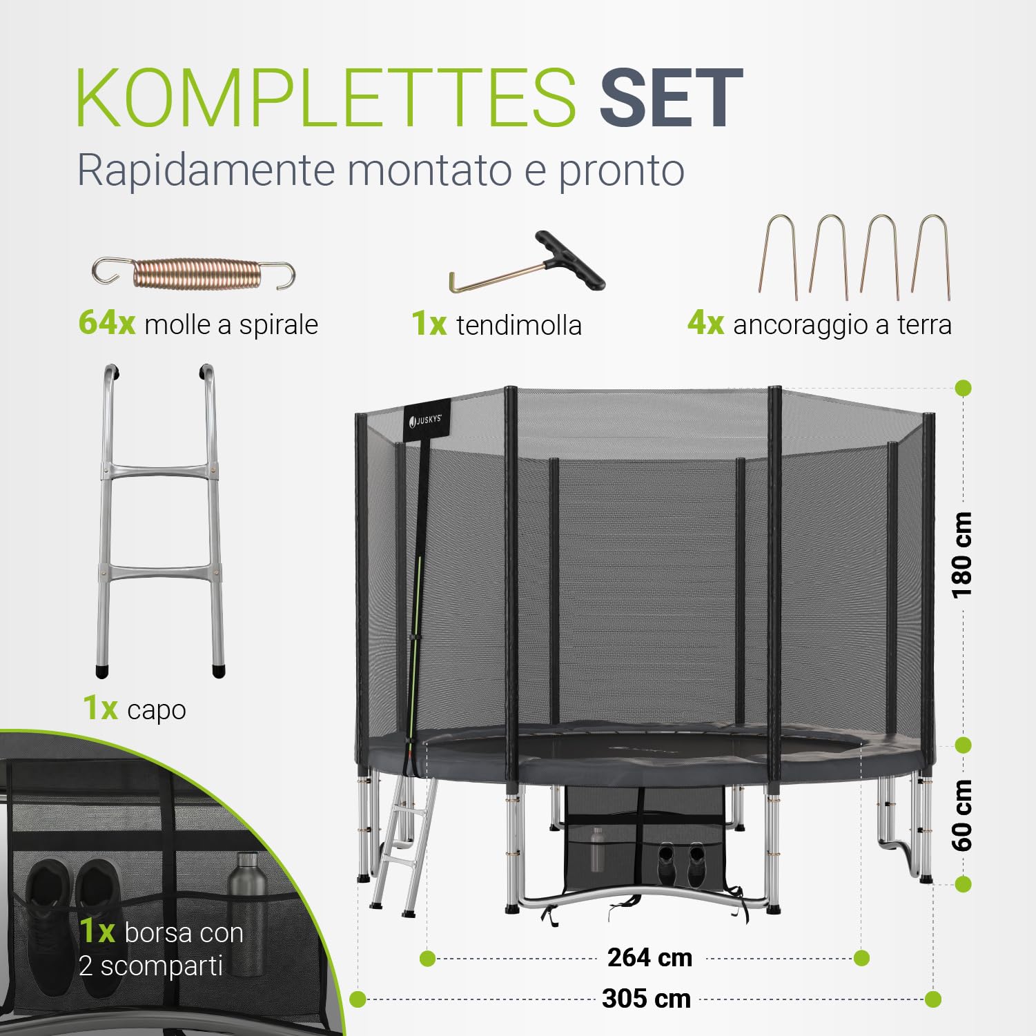 Juskys Trampolino JumpMaster – Ø 183/244/305/366 cm trampolino da giardino esterno con rete di sicurezza, scaletta PowerSpring Molla