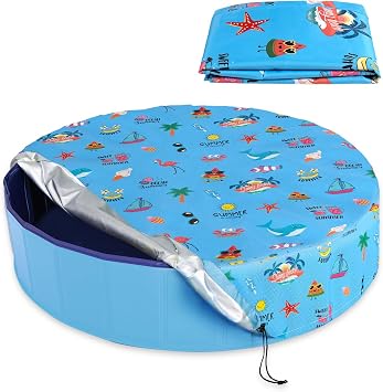 Round Pool Cover 63"5 Ft, Foldable Kiddie Solar Cover Fit Dog Swimming Pool, Pets Kids Bath Tub, Anti-UV Dustproof Safety Pool Cover with Summer Beach Patterns