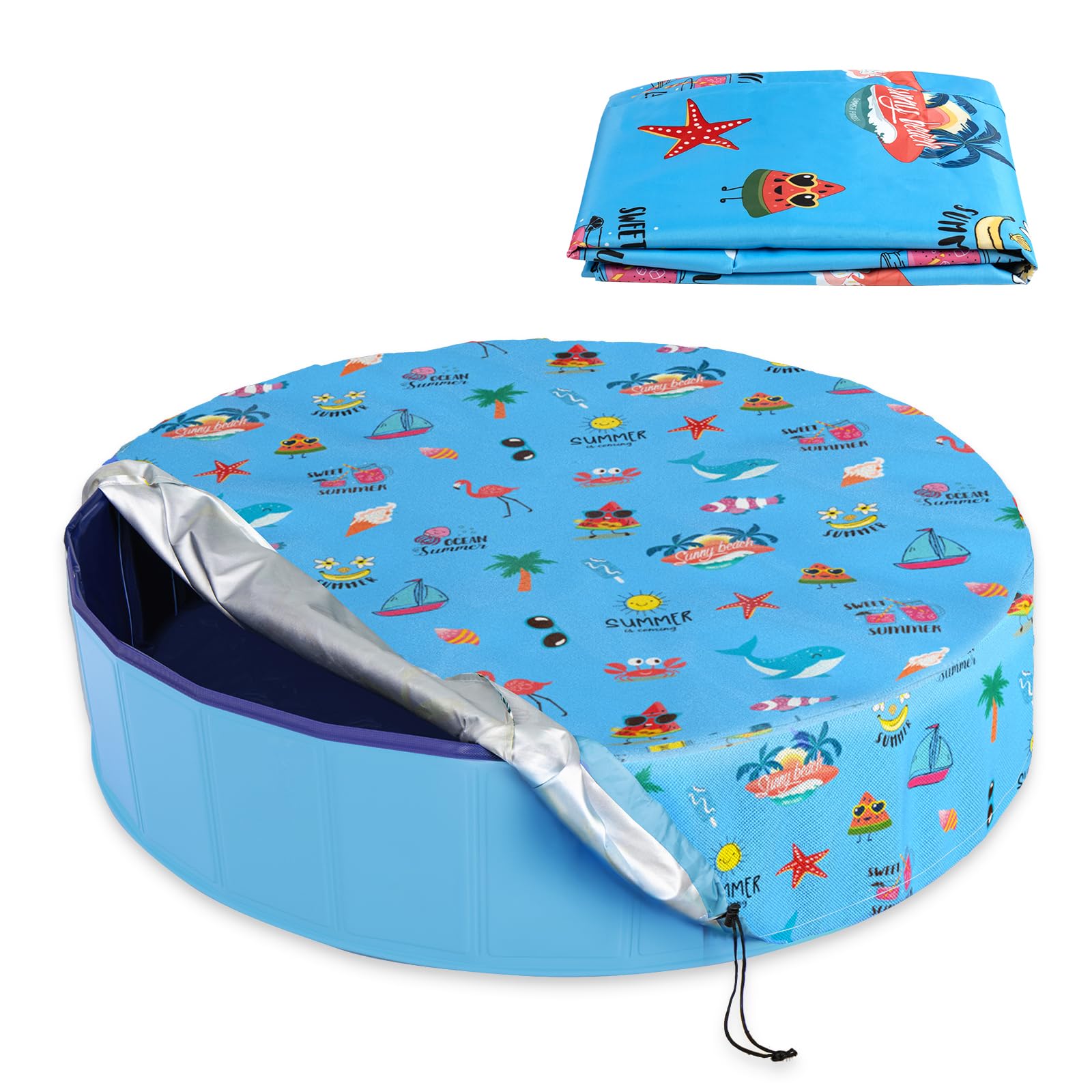 Docuwee Round Pool Cover 63"(5 Ft), Foldable Kiddie Solar Cover Fit Dog Swimming Pool, Pets Kids Bath Tub, Anti-UV Dustproof Safety Pool Cover with