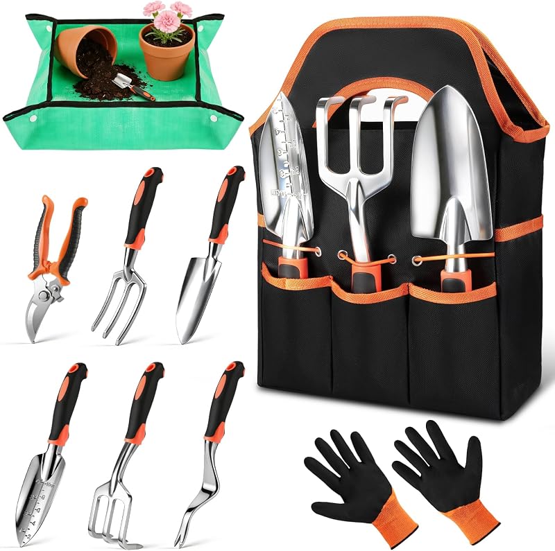 9-Piece Garden Tools Set Heavy Duty Stainless Steel with Tote Bag | Non-Slip Ergonomic Handles, Rust-Resistant – Ideal Gardening Supplies for Planting, Great Gifts for Women & Men