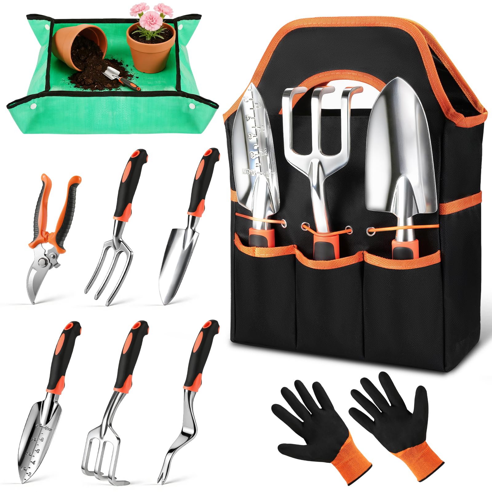 Juego de 9 herramientas de jardinería resistentes – acero inoxidable resistente al óxido, mango ergonómico de silicona antideslizante, regalo ideal de jardinería para mujeres y hombres