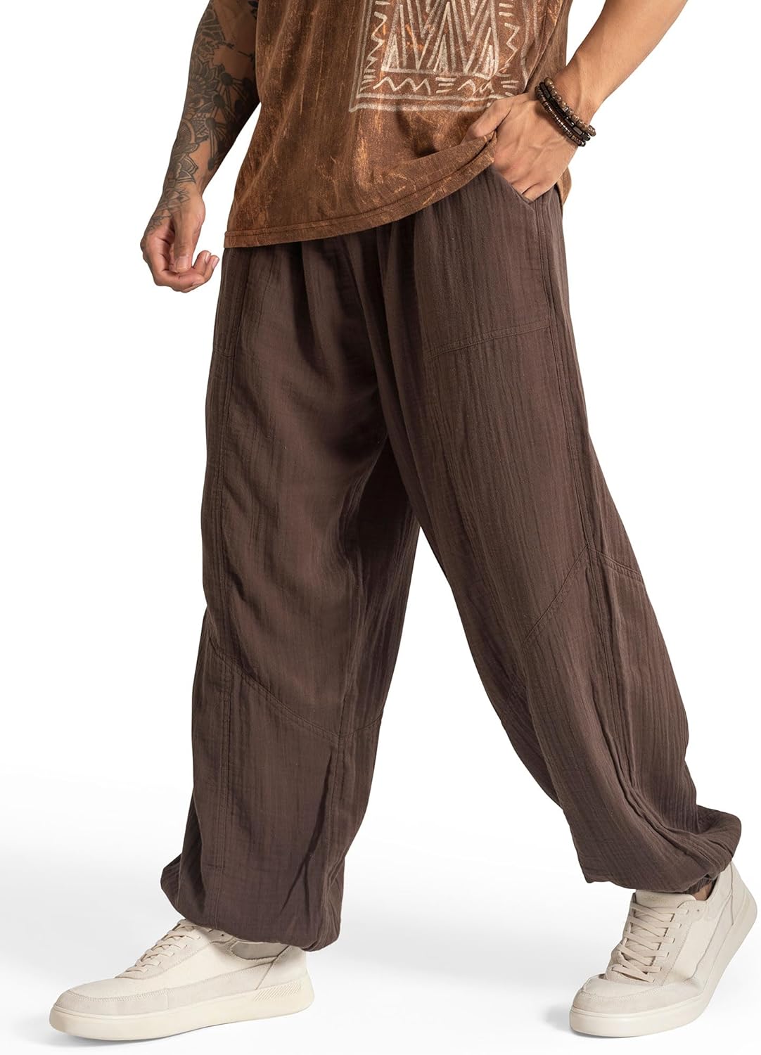 The Veshti Company Men’s Cotton Pants – Lightweight Boho Harem Drawstring Trousers – Soft Travel Yoga Pants