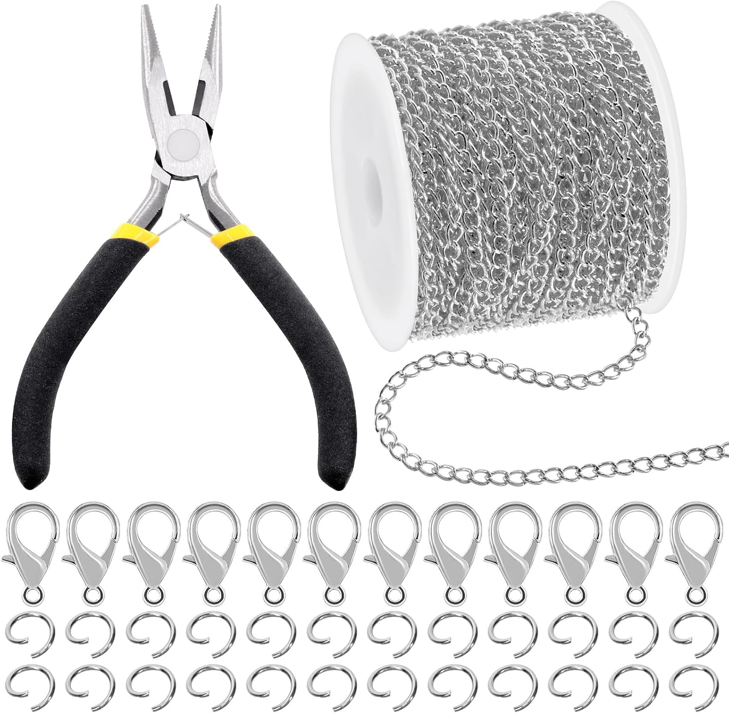 Mardatt 102Pcs Jewelry Making Chains Kit, 10 Yards Necklace Chains Jewelry Chains with 50Pcs Open Jump Rings, 50Pcs Lobster Clasps, Chain Nose Pliers for DIY Necklace Bracelet Jewelry Making (White K)