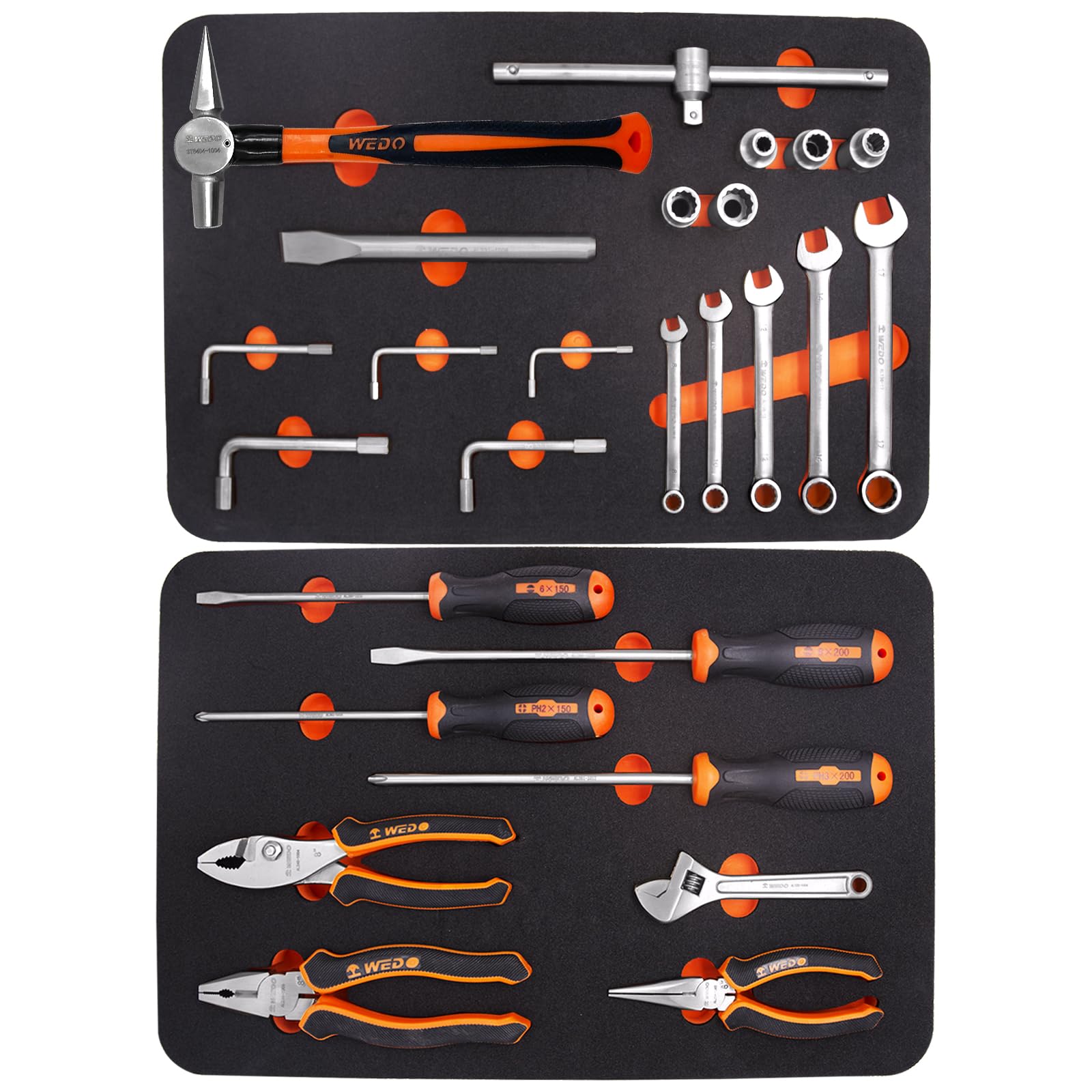 WEDO 26 szt. Zestaw narzędzi ze stali nierdzewnej, 5 szt. klucza płaskiego, dłuta zimnego, śrubokręt, młotek testowy, szczypce kombinowane, szczypce igłowe, klucz nastawny, 5 szt. klucz sześciokątny