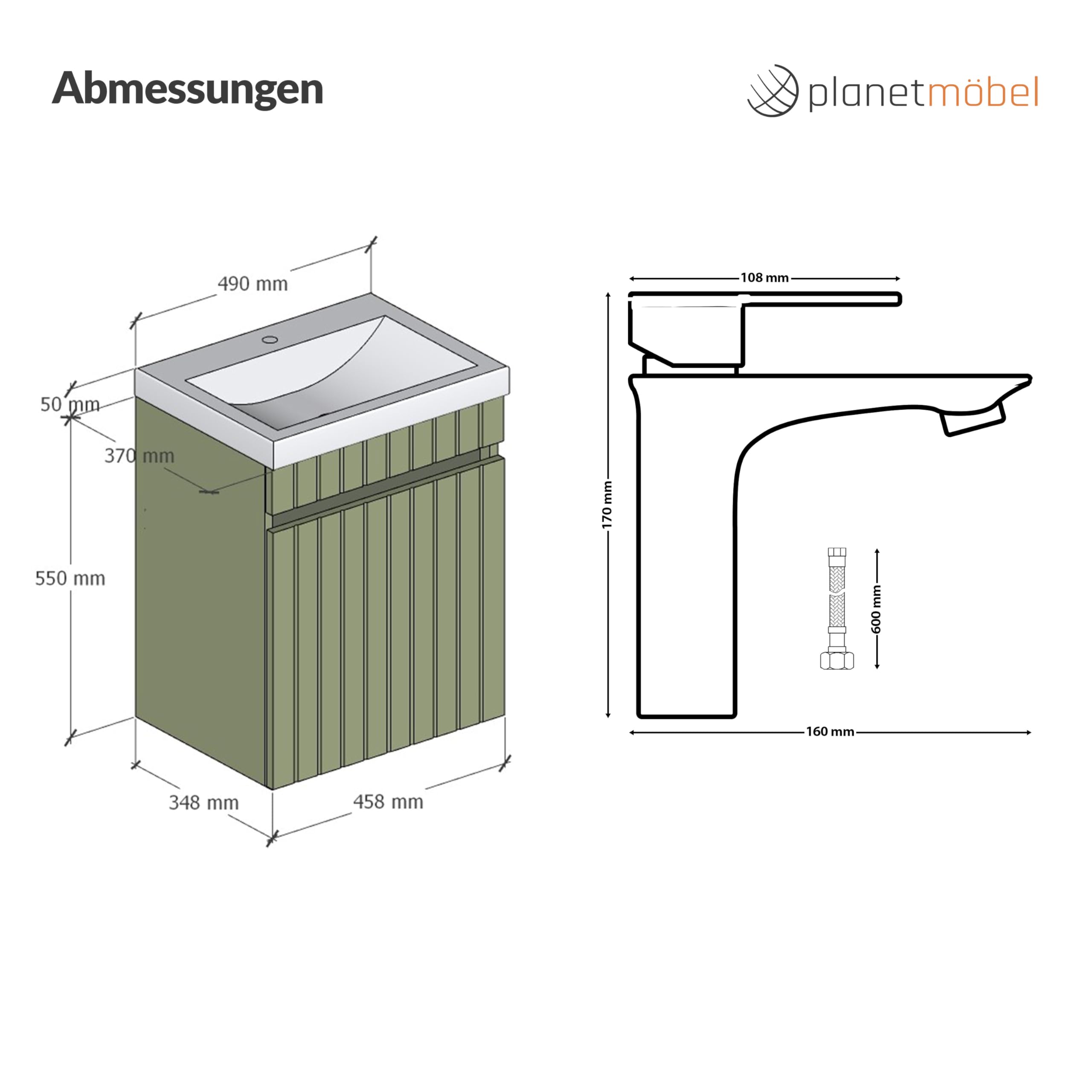 Planetmöbel Cosmia - Set de muebles de baño con lavabo y armario bajo 50 x 60 x 35 cm, color verde menta, grifo de baño negro, lavabo de cerámica con puerta