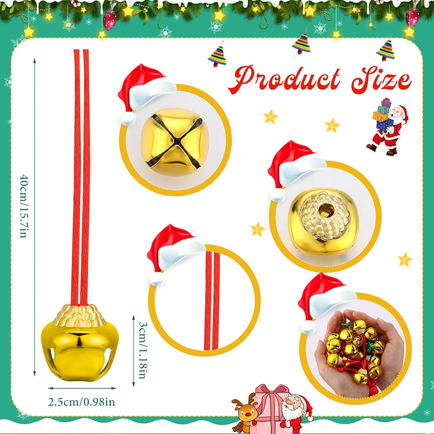 64 Pieces Christmas Bell Necklaces Large Gold Red Green Bell Necklaces for Craft Holiday Party Supplies (Beautiful Colors) - Image 2