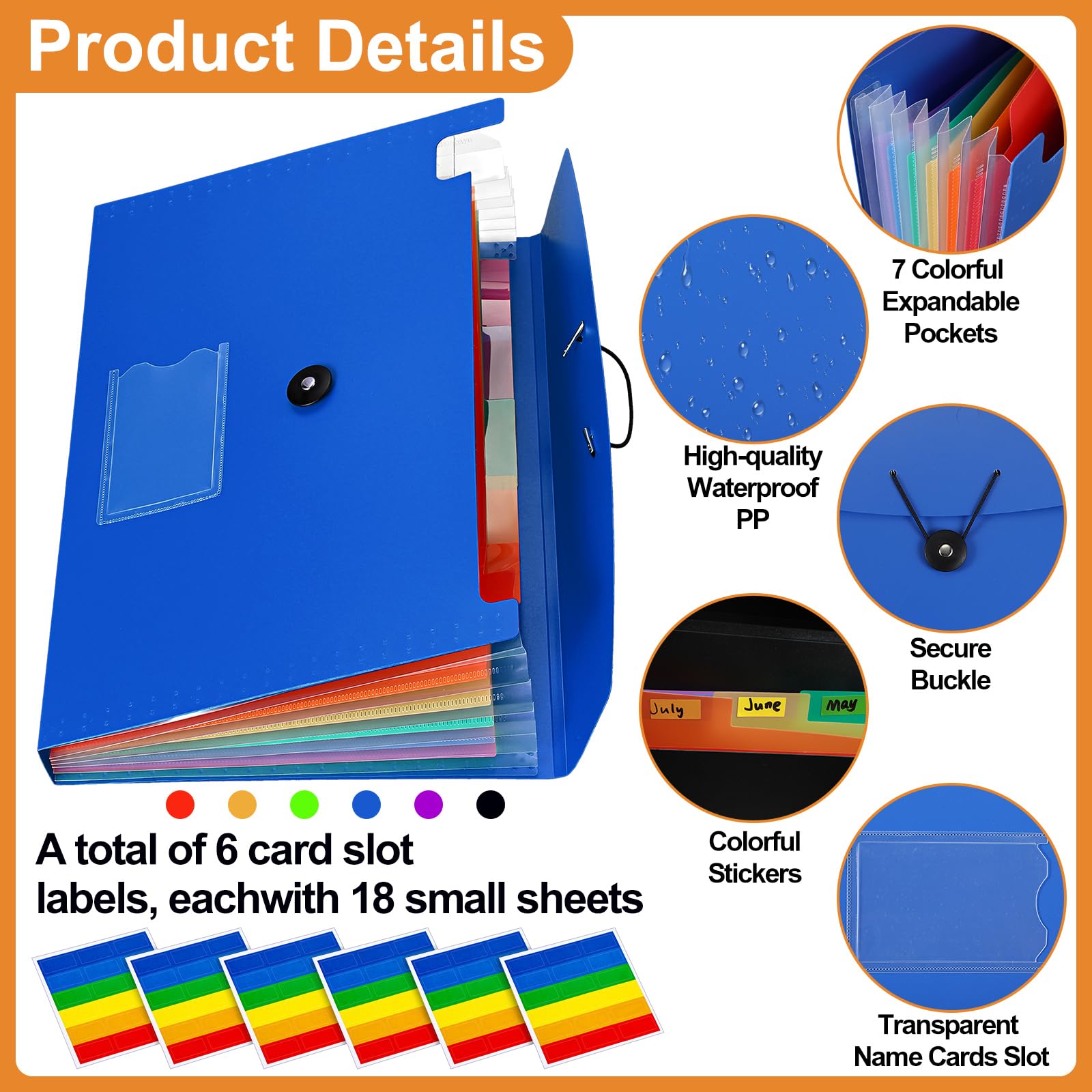 PerKoop Confezione da 6 cartelle portadocumenti espandibili, formato A4, con etichette e tasche per carte, formato A4, in 6 colori