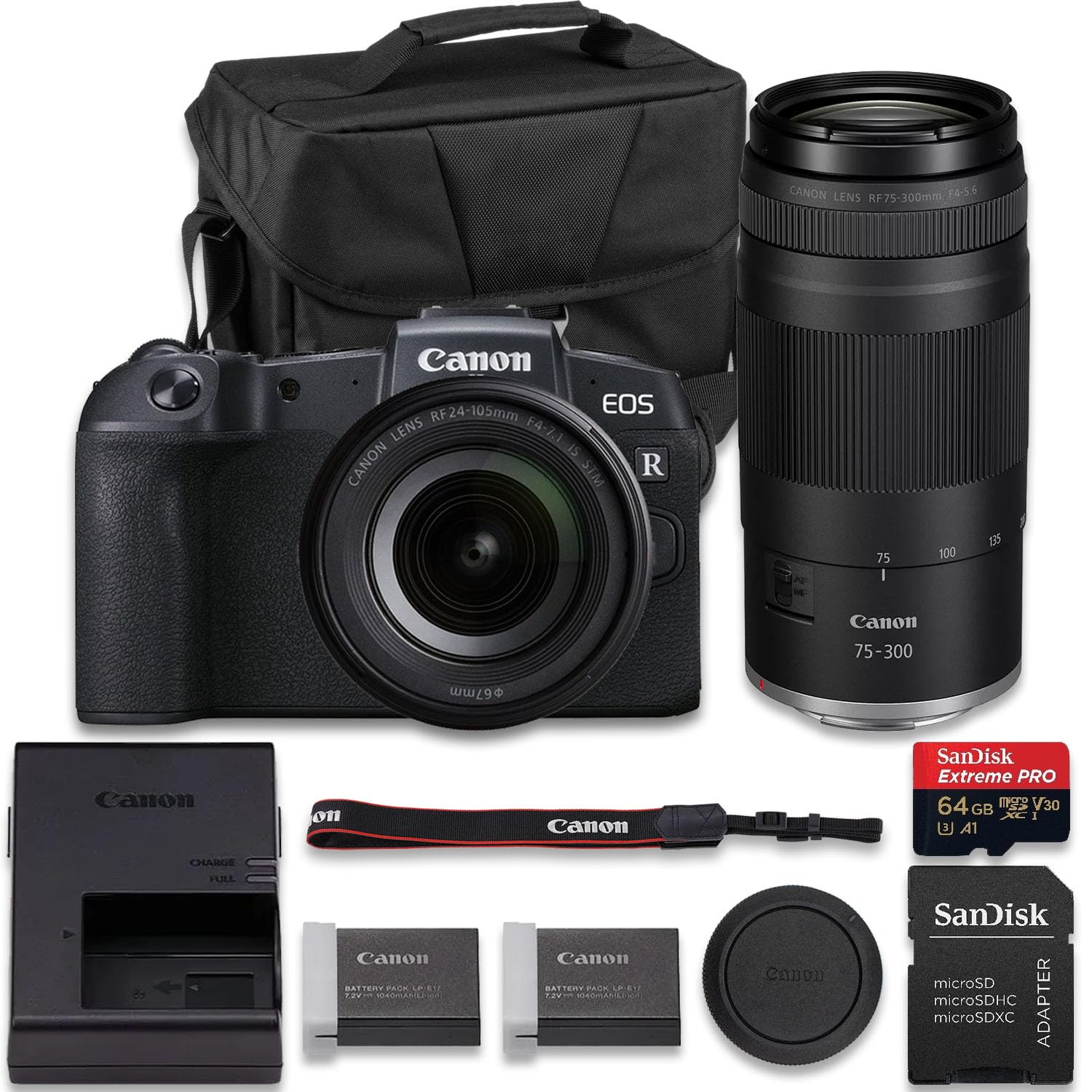 Canon EOS RP Mirrorless Camera with RF 24-105mm f/4-7.1 is STM + RF 75-300mm f/4-5.6 Lens + Extra LP-E17 Lithium-Ion Battery + SanDisk Extreme Pro 64GB + More (16pc Bundle)