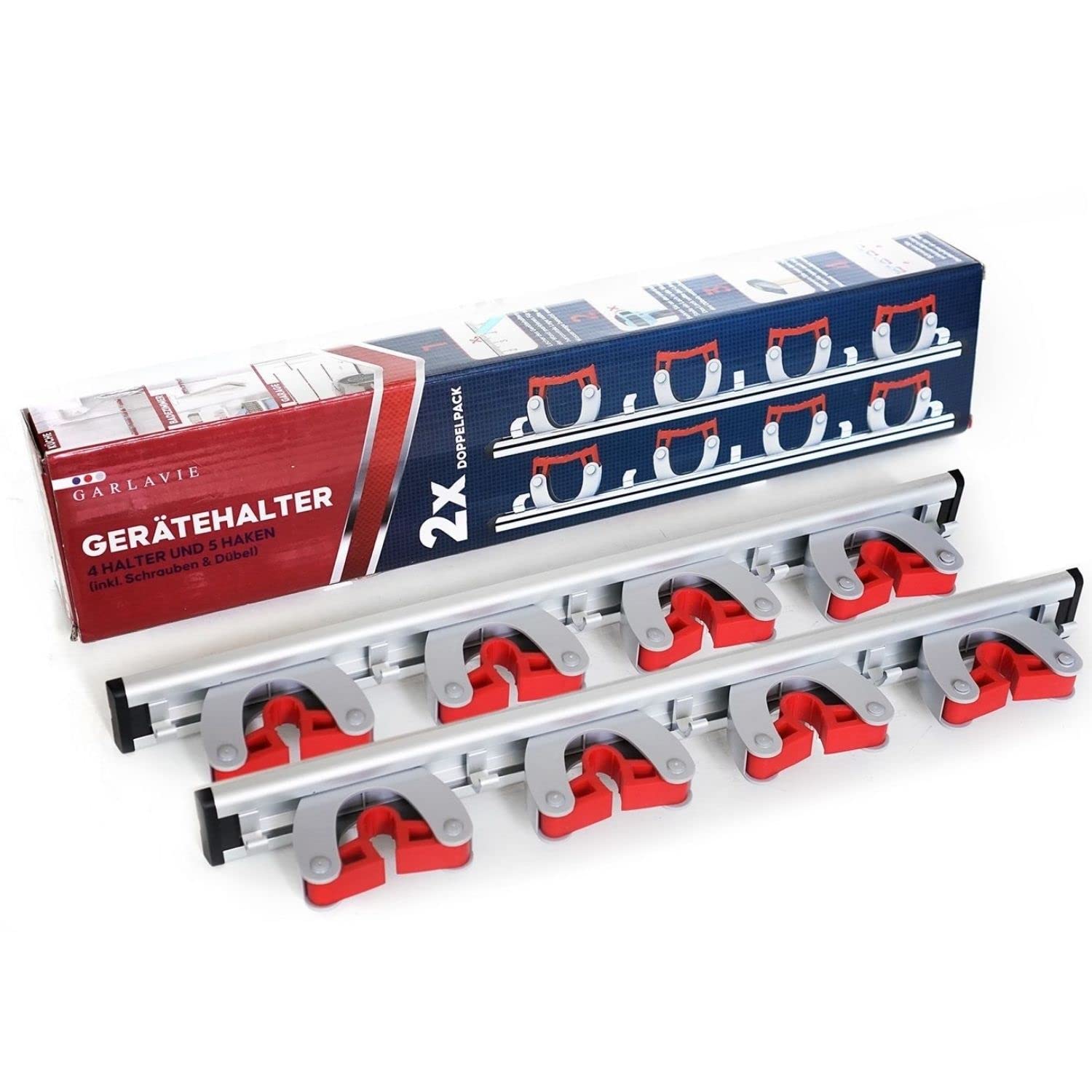 Premium 2-Pack Mop and Broom Holder Wall Mounted - 4 Holders, 5 Hooks, 45cm/18in - Brush Holder and Garden Tool Rack for Utility Room Storage Solutions and Tool Storage