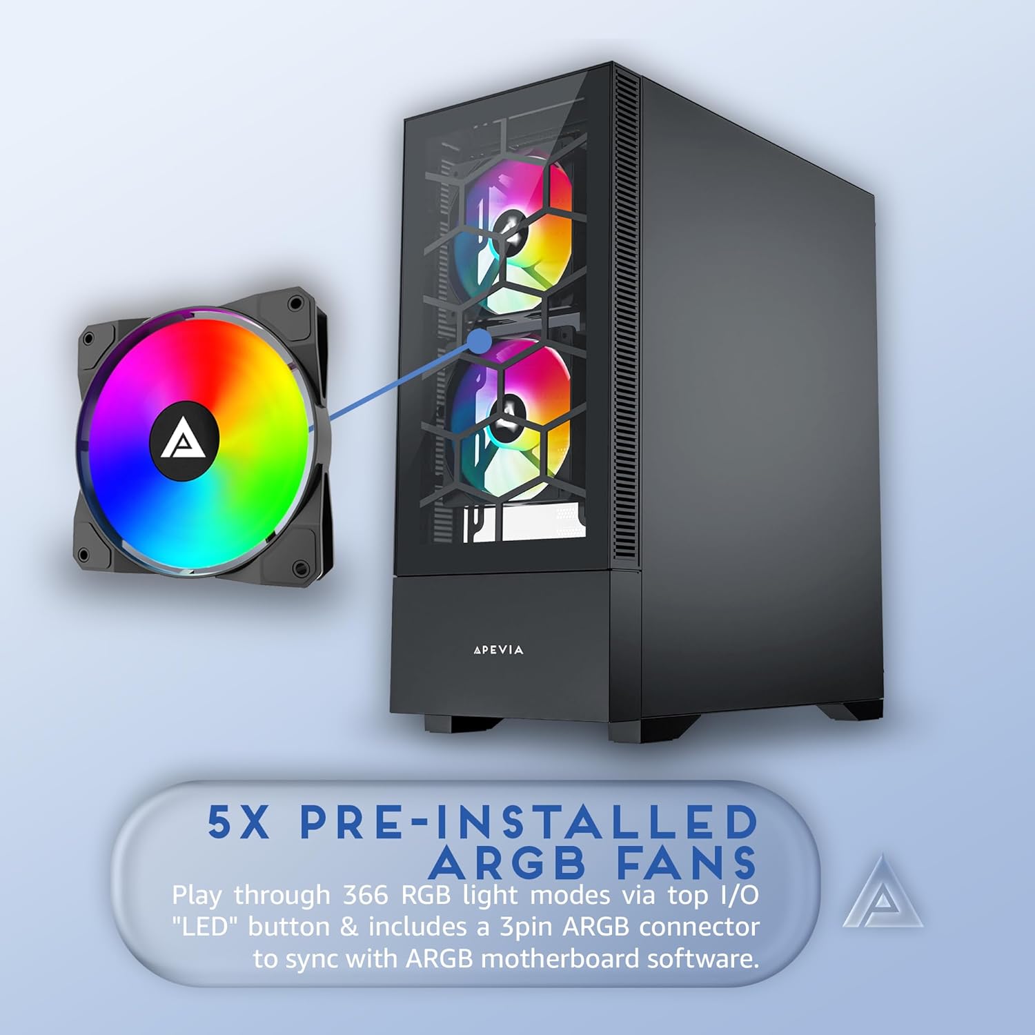 Apevia Eclipse-BK Eclipse Mid Tower Gaming PC Case w/ 5X 120mm ARGB Fans, 366 RGB Light Modes, Minimalistic Honeycomb Design, Tempered Glass Front & Side Panels, 1X USB3.0, 2X USB2.0, Black
