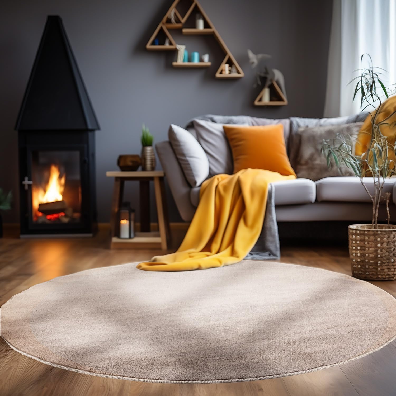 Carpetsale24 Waschbarer Teppich Rund 160 cm Beige Einfarbig Kurzflor Modern Weich rutschfest Pflegeleicht Maschinenwaschbar für Wohnzimmer Schlafzimmer Esszimmer