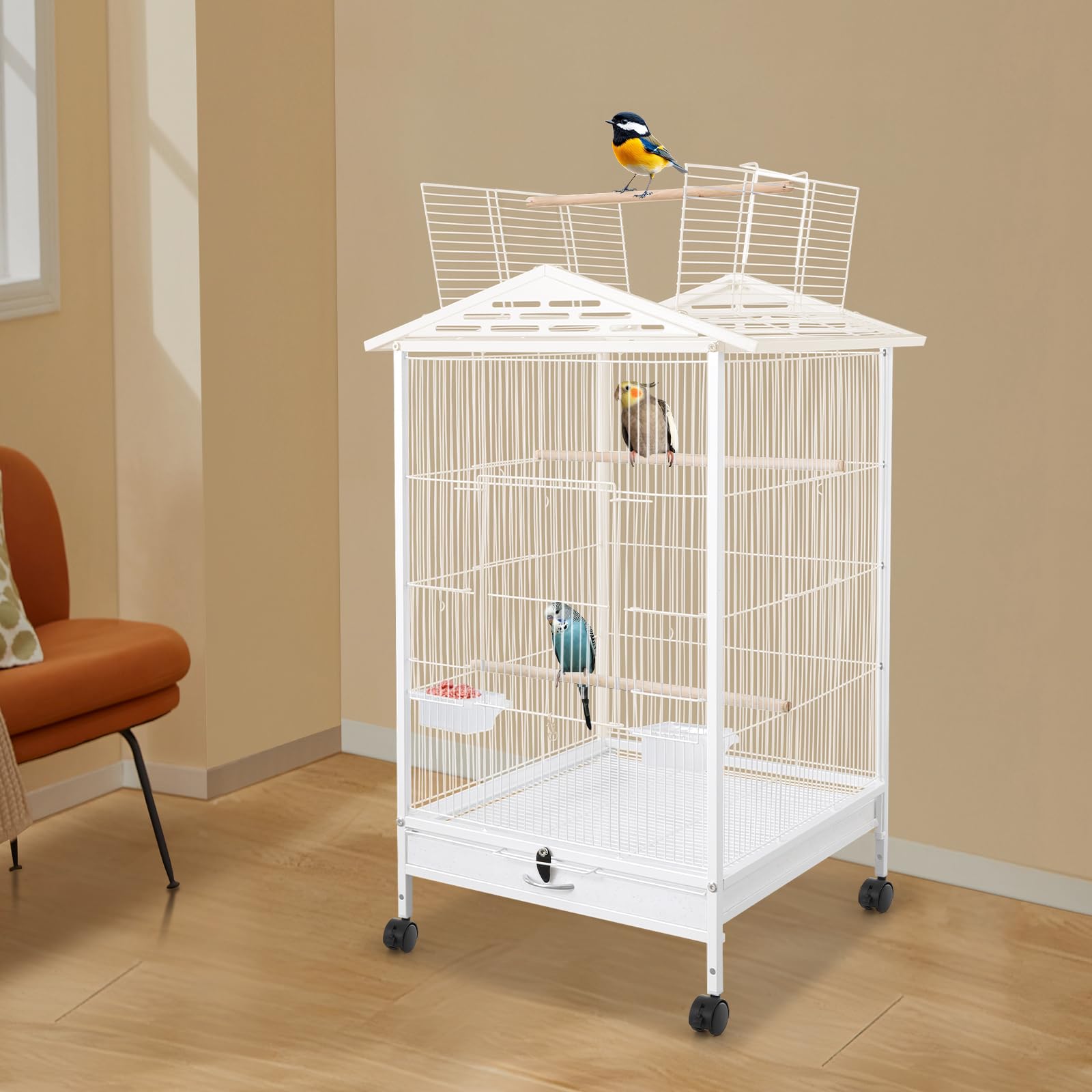 Gabbia per uccelli per pappagalli, 2 porte, voliera in metallo con ruote di trasporto, apertura verso l'alto, gabbia per uccelli con 3 posatoi, ciotola per mangime, vassoio, 46 x 46 x 86 cm (bianco)