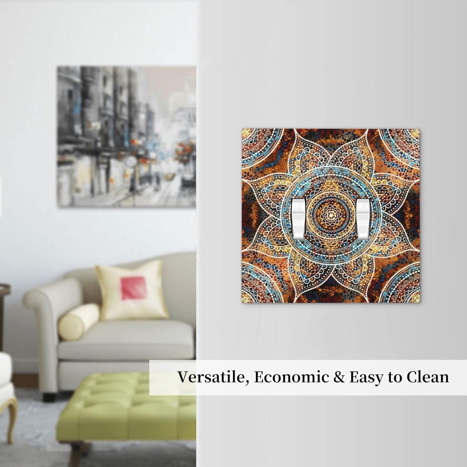 Bohemian Colorful Vintage Floral Mandala Flower Double Toggle Light Switch Cover Decorative 2 Gang Wall Plate Electrical Faceplate For Kitchen Bathroom Bedroom Home Decor