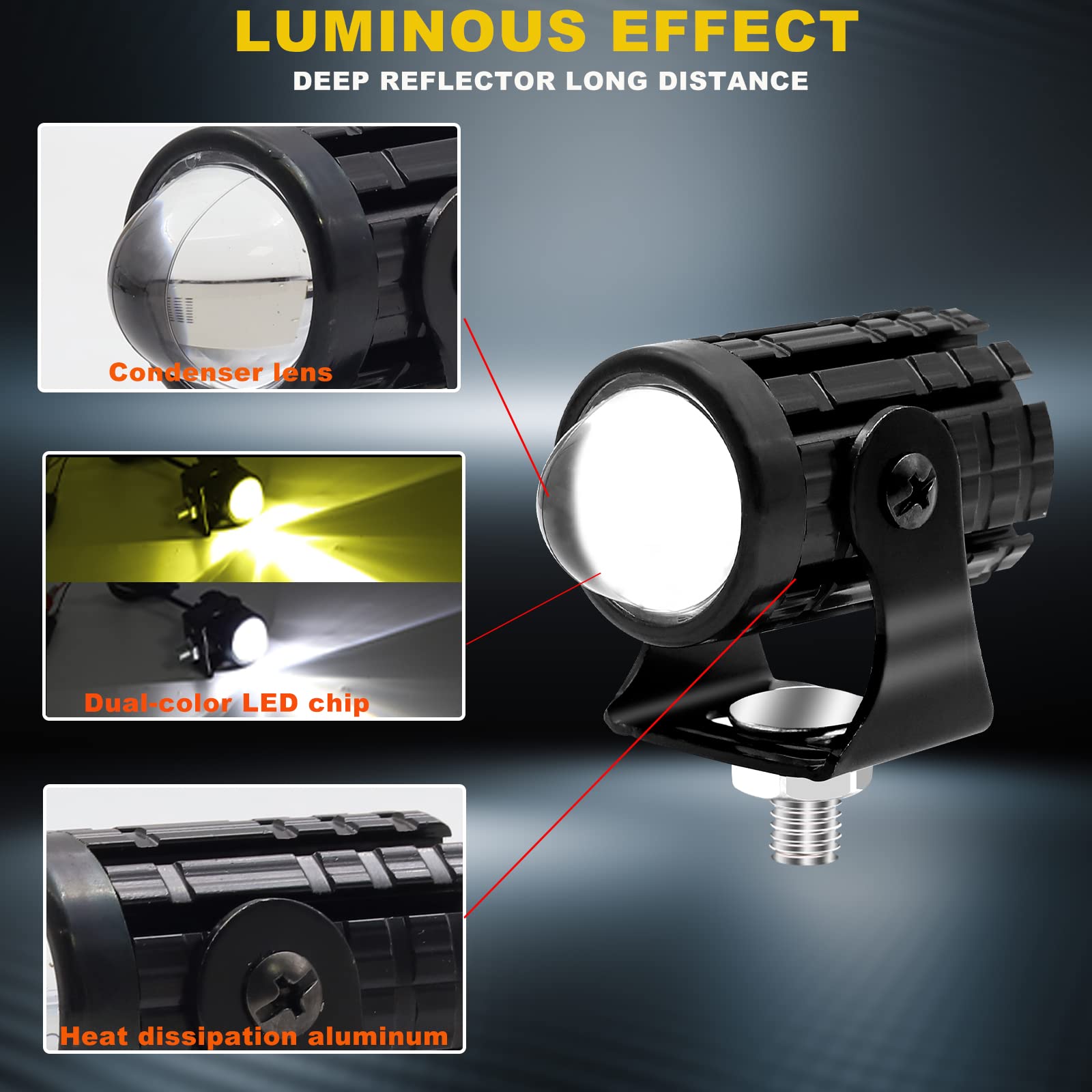 2x Motorcycle Driving Lights With ON/OFF Switch, Mini LED Headlights Fog Lights 12W Spotlight Auxiliary Lights Dual Color 6000K White 3000K Yellow For Bike ATV UTV Truck SUV